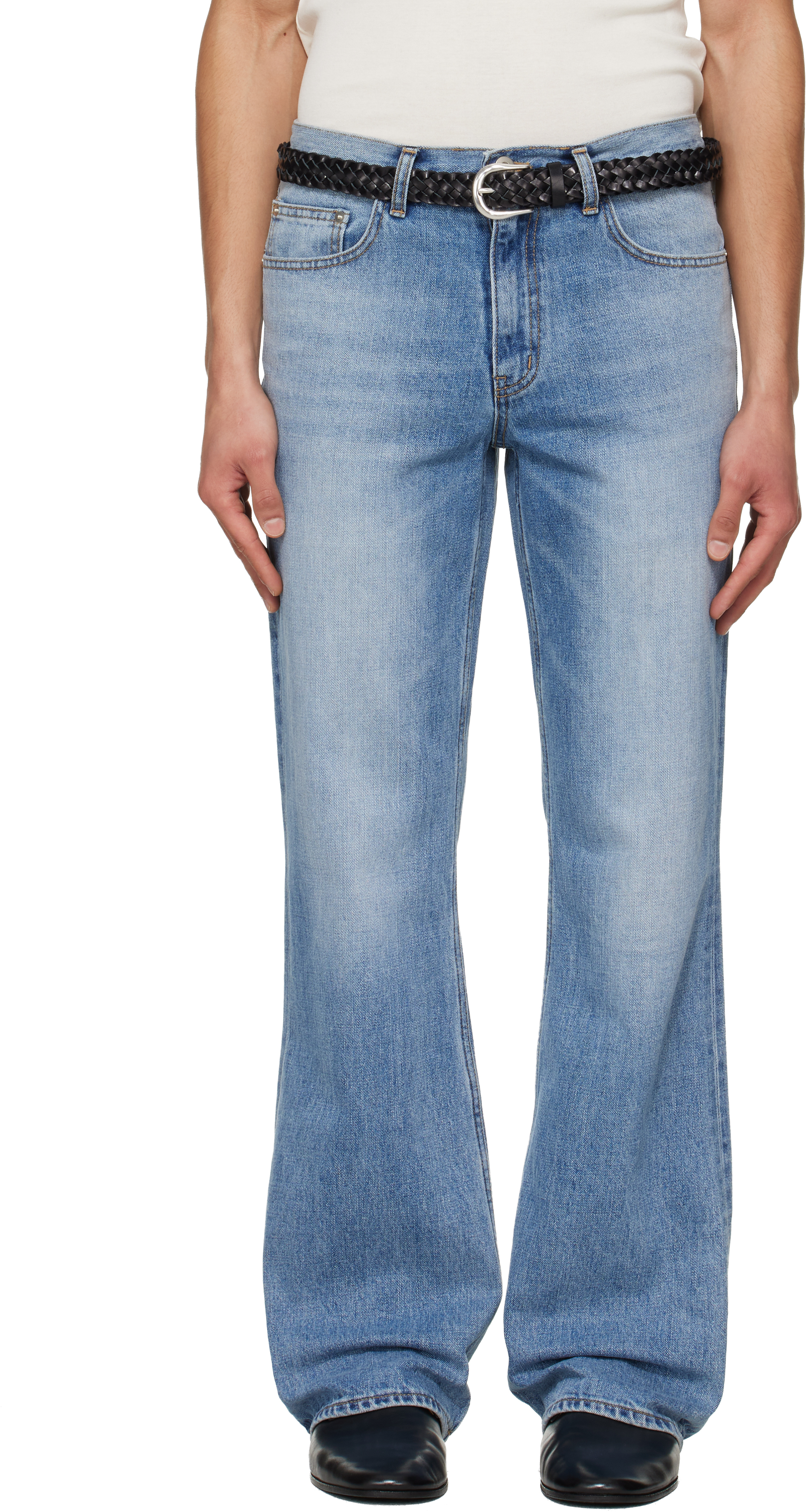 TONYWACK: Blue Flared-Leg Distressed Jeans | SSENSE