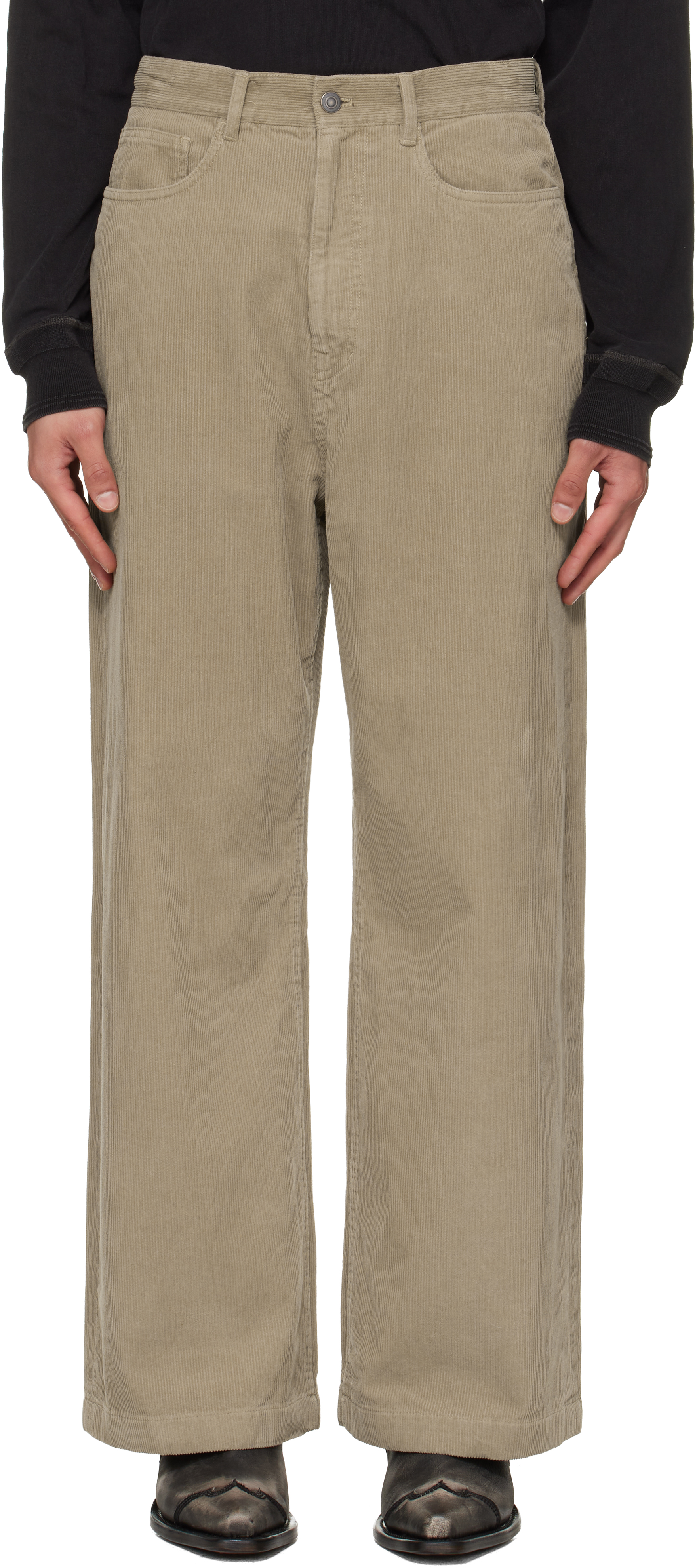 TONYWACK: Beige Washed Corduroy Wide-Leg Trousers | SSENSE Canada