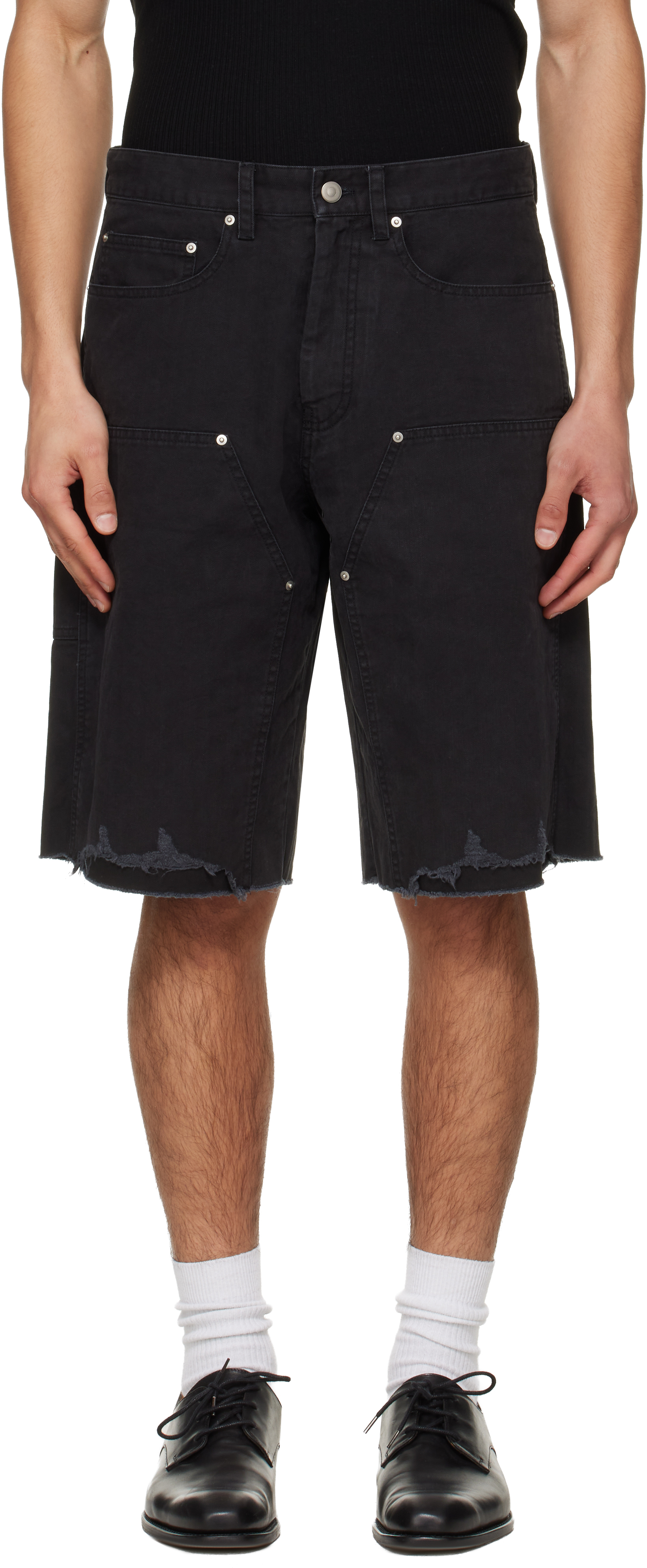 Black Hand Distressed HBT Double Knee Shorts by TONYWACK on Sale