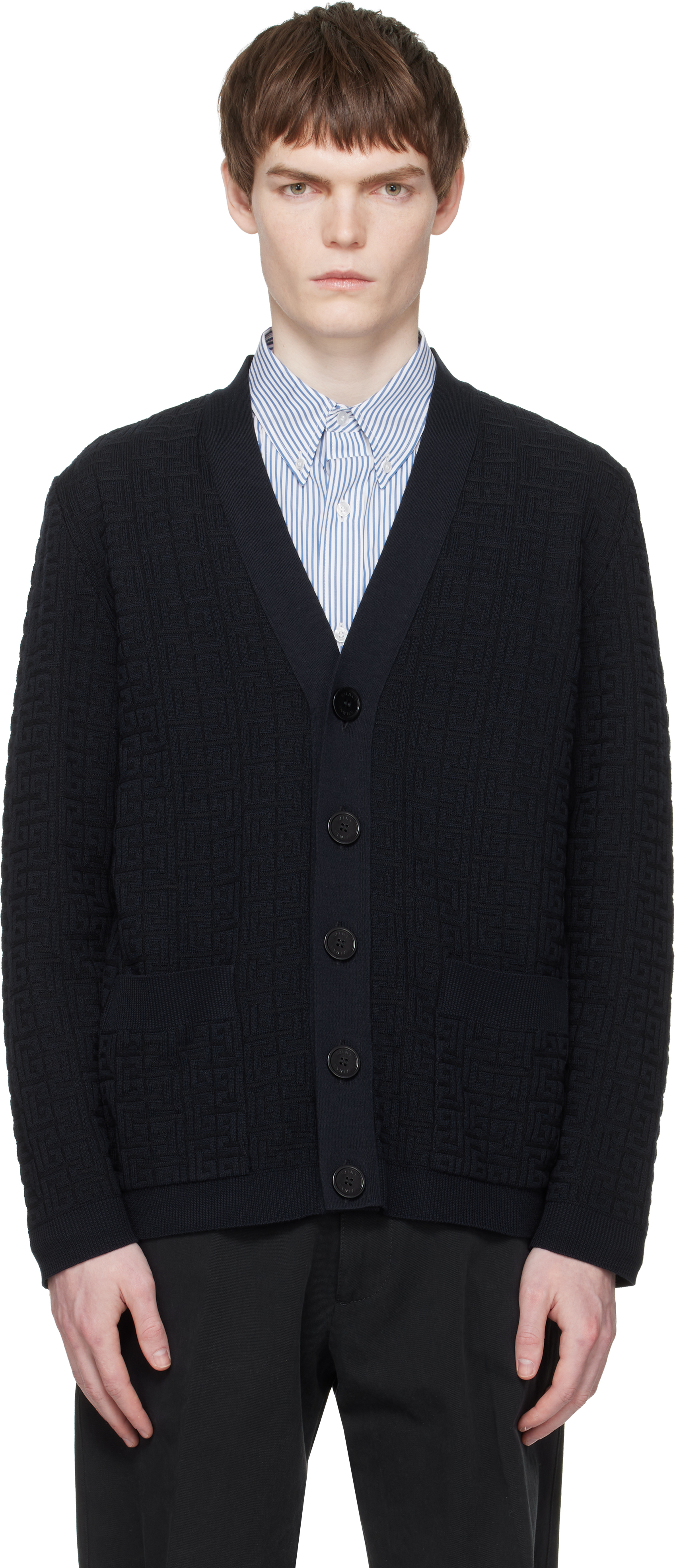 Balmain  ウールニット　カーディガン Navy Monogram Vanise Knit Cardigan by BALMAIN on Sale