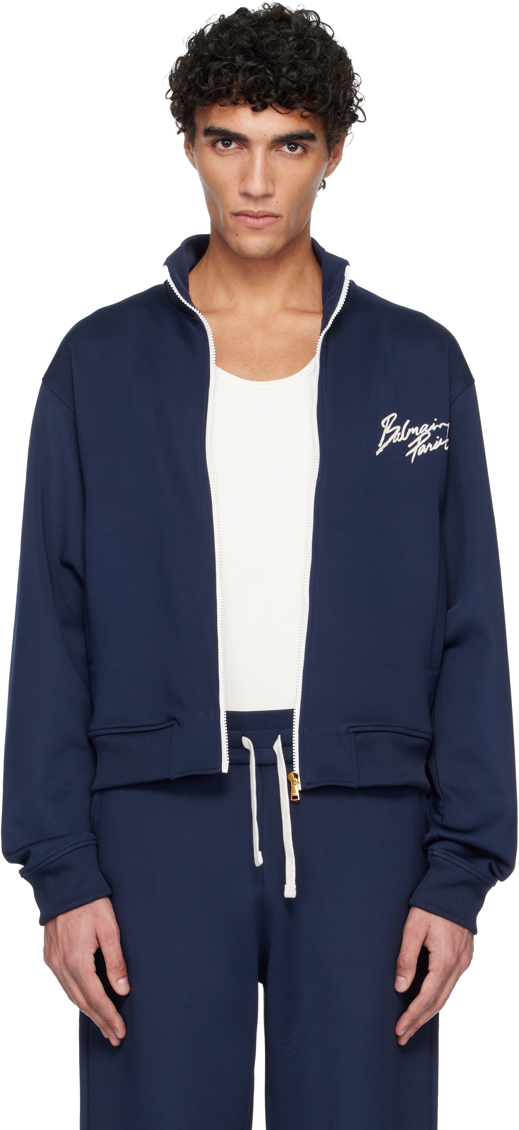 Balmain: ネイビー Printed Signature トラックジャケット | SSENSE 日本