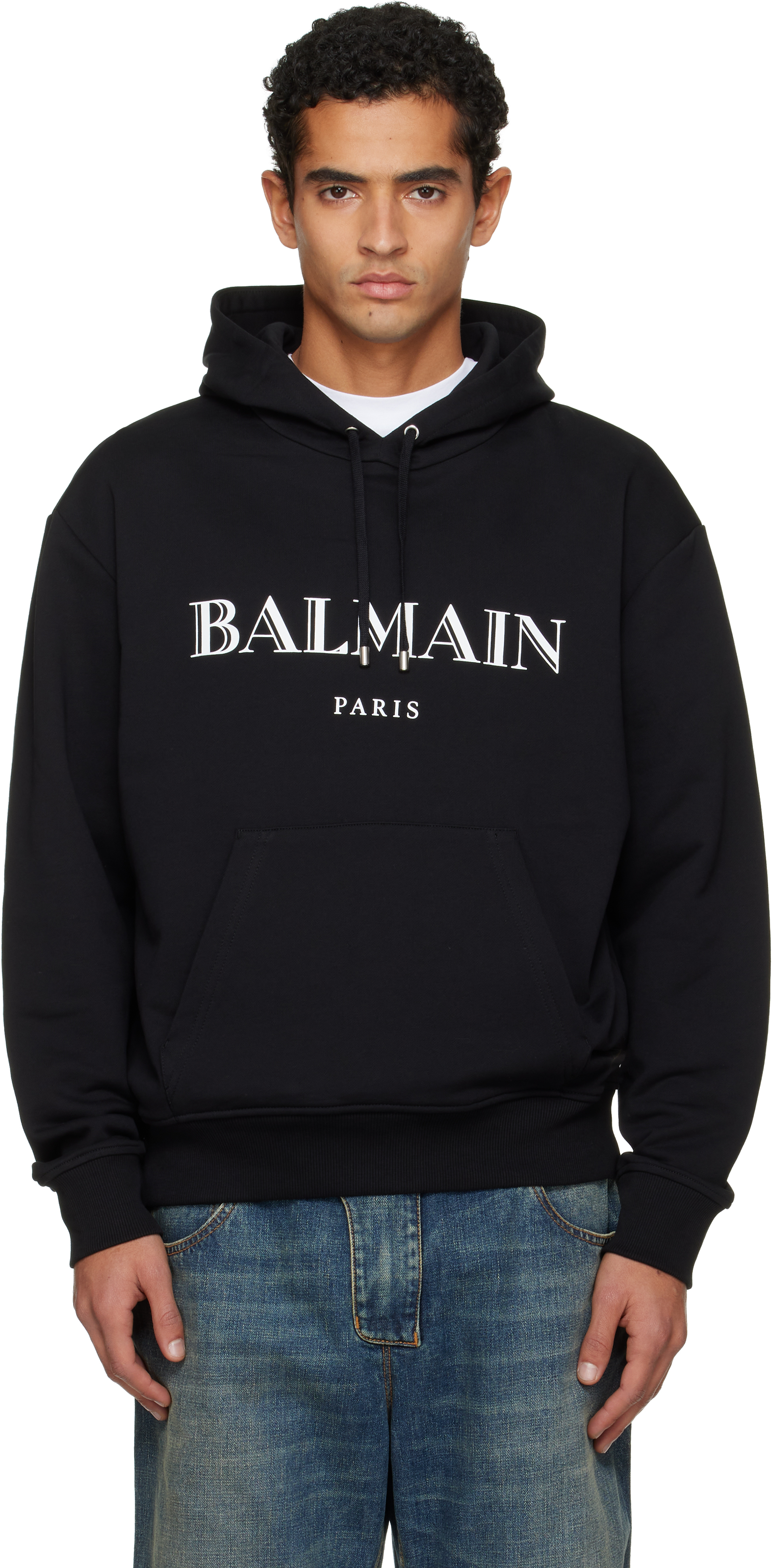 Balmain: Black 'Balmain' Printed Hoodie | SSENSE