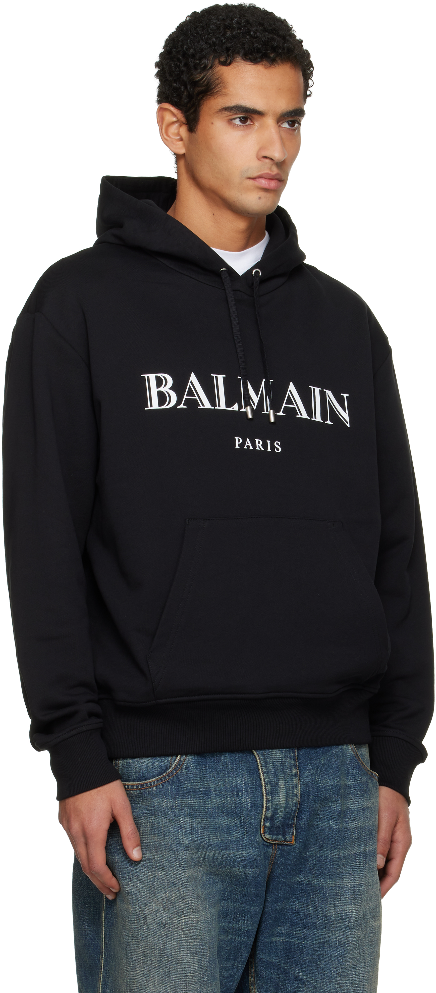 Balmain Logo Printed Drawstring Sweatshirt In Black