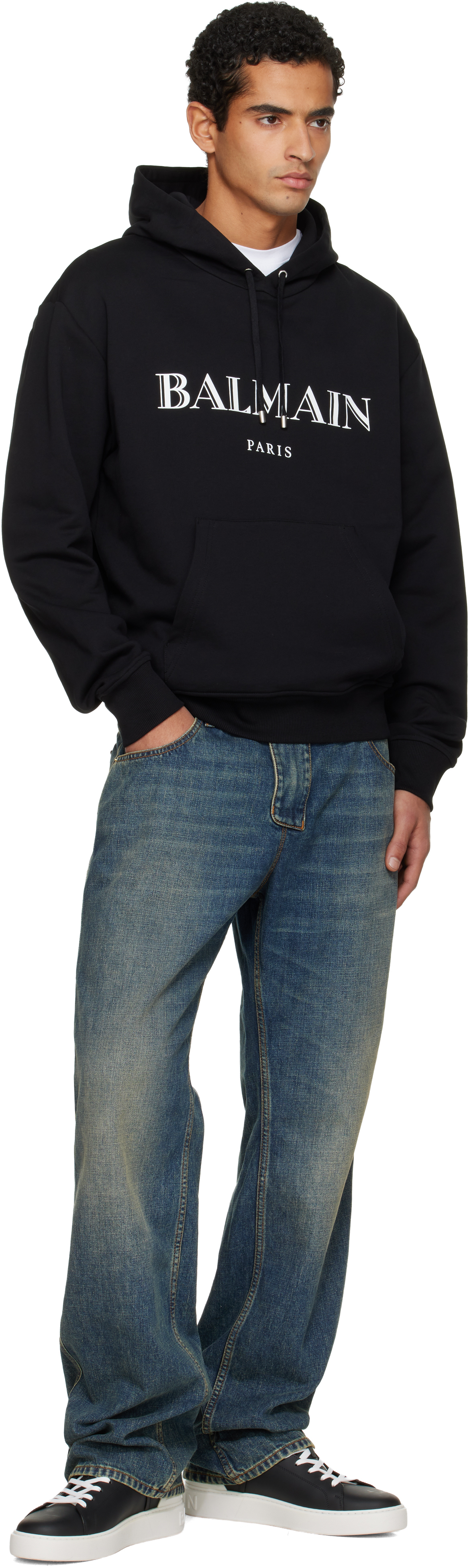 Balmain Logo Printed Drawstring Sweatshirt In Black