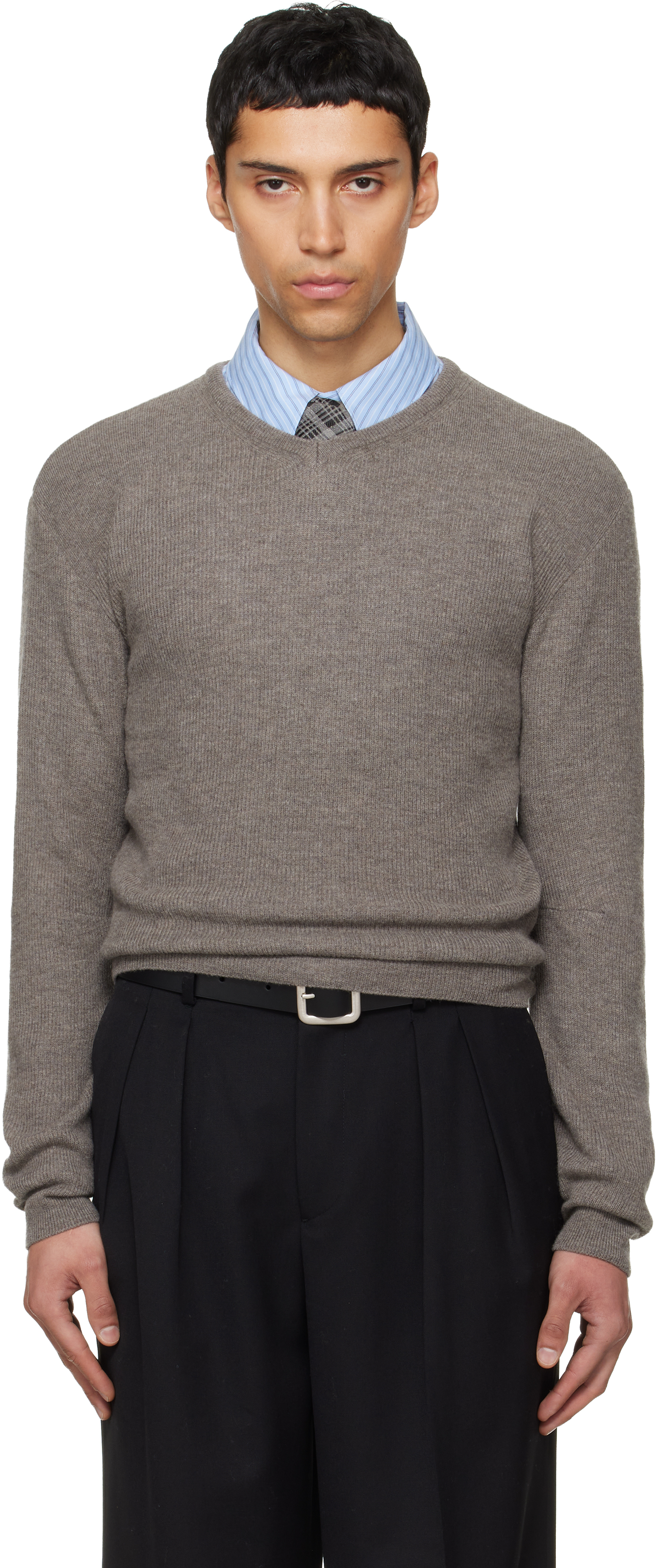 TONYWACK: Taupe Superfine Wool Commando V-Neck Knit Sweater | SSENSE
