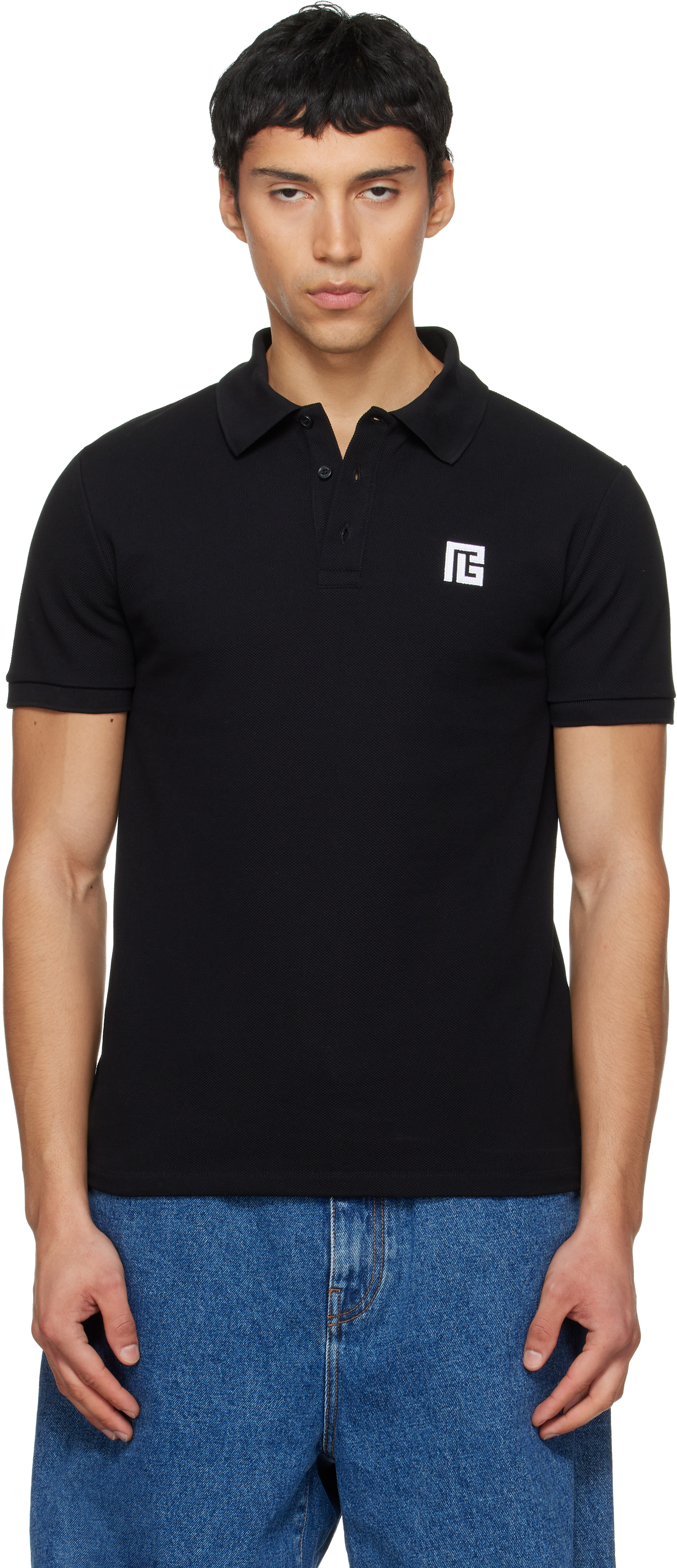 Balmain Black Embroidered Cotton Polo