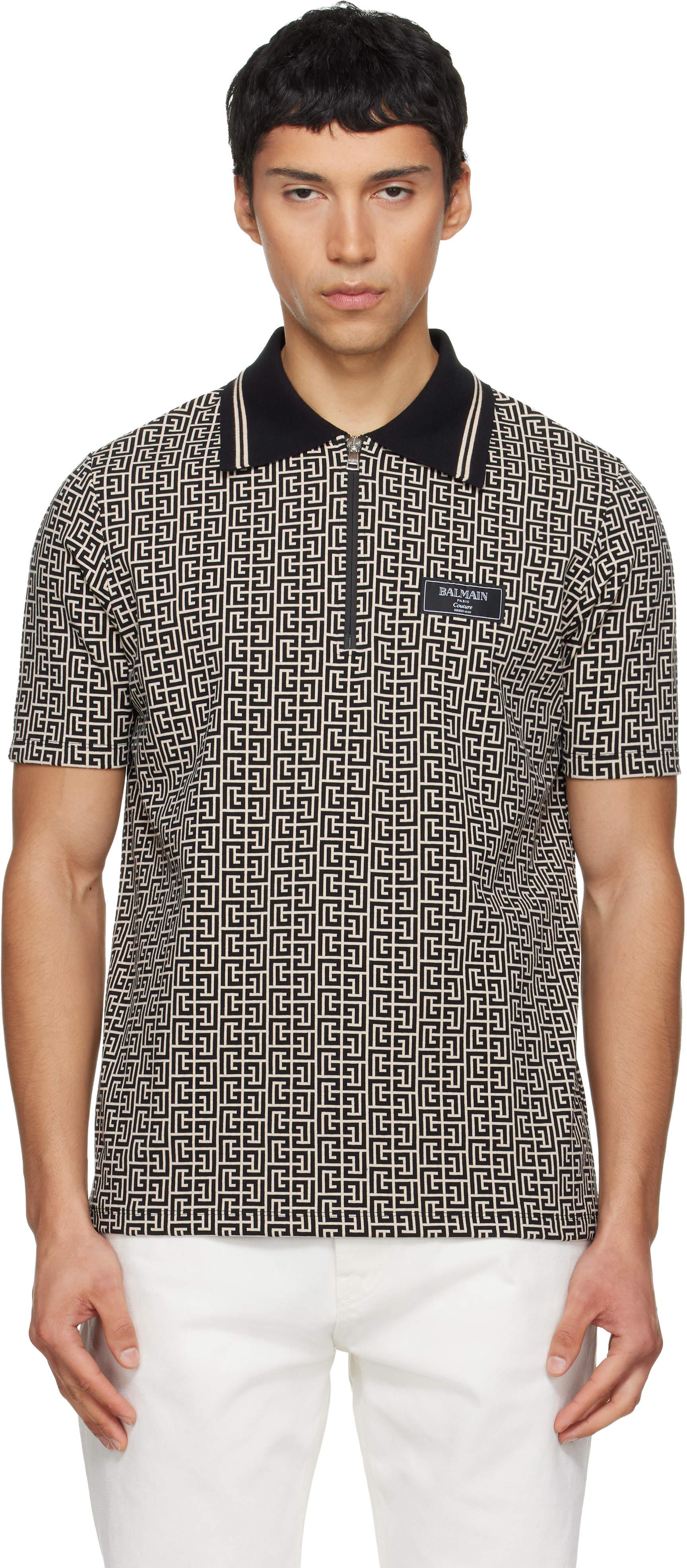 BALMAIN: Black & Beige Monogram Polo | SSENSE