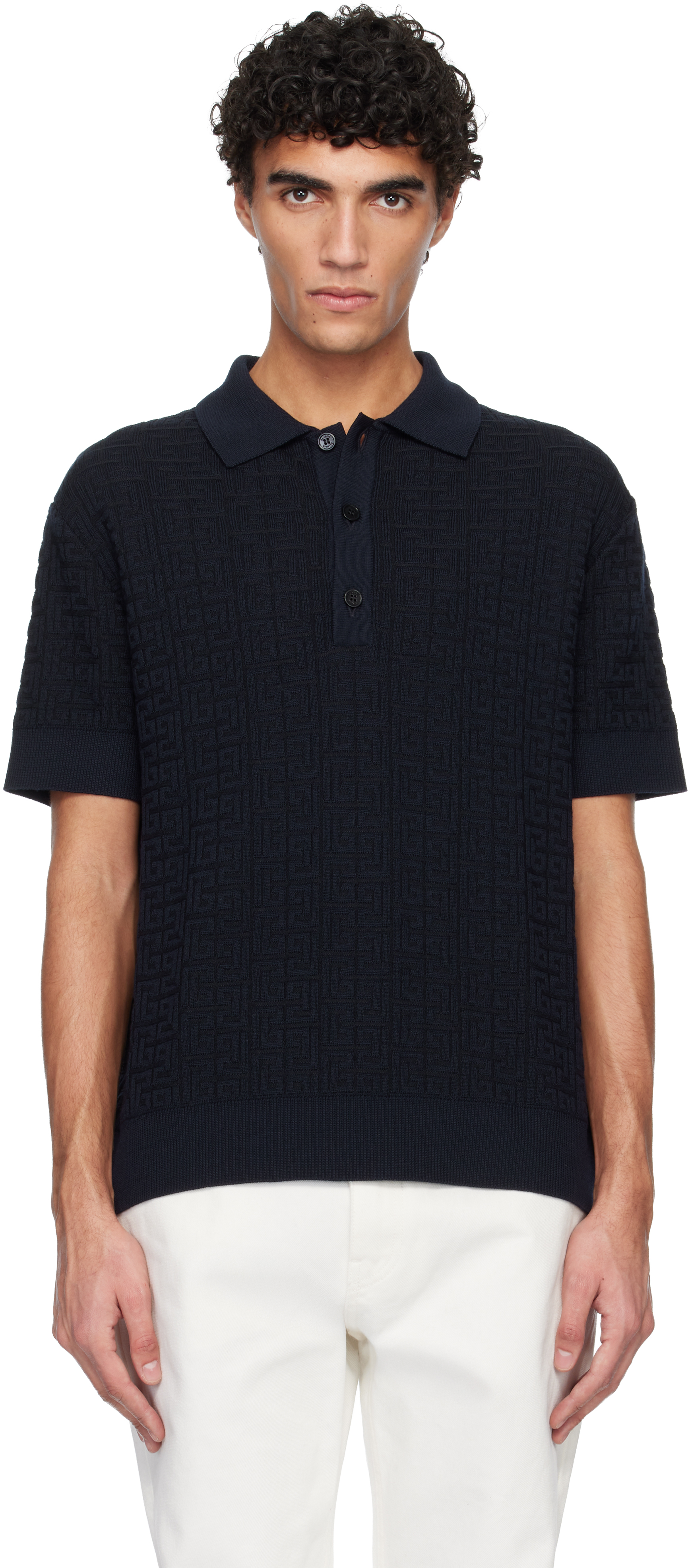 Balmain Navy Monogram Vanise Knit Polo