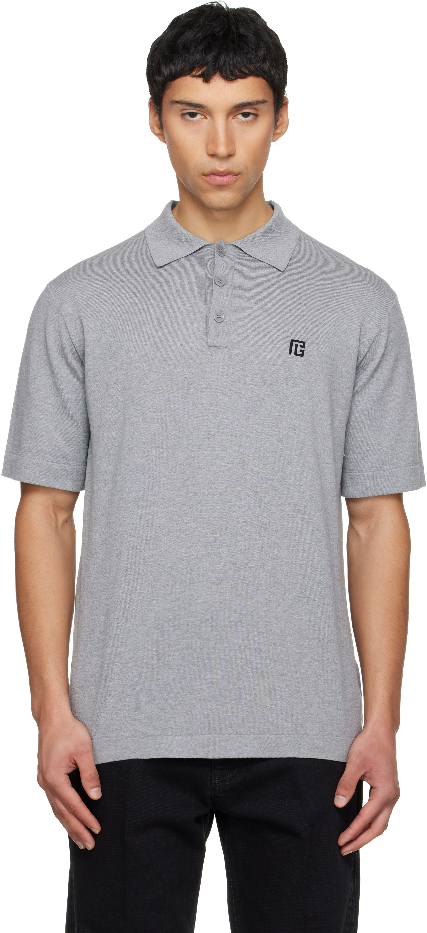 Balmain Gray Embroidered Cotton Polo