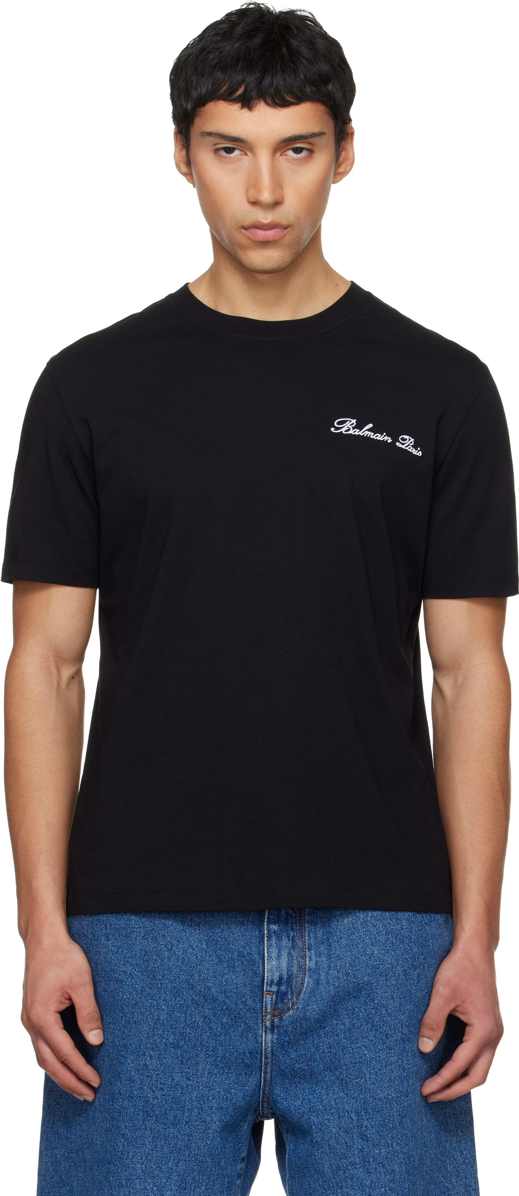 Balmain Black Embroidered 'Balmain' Signature T-shirt