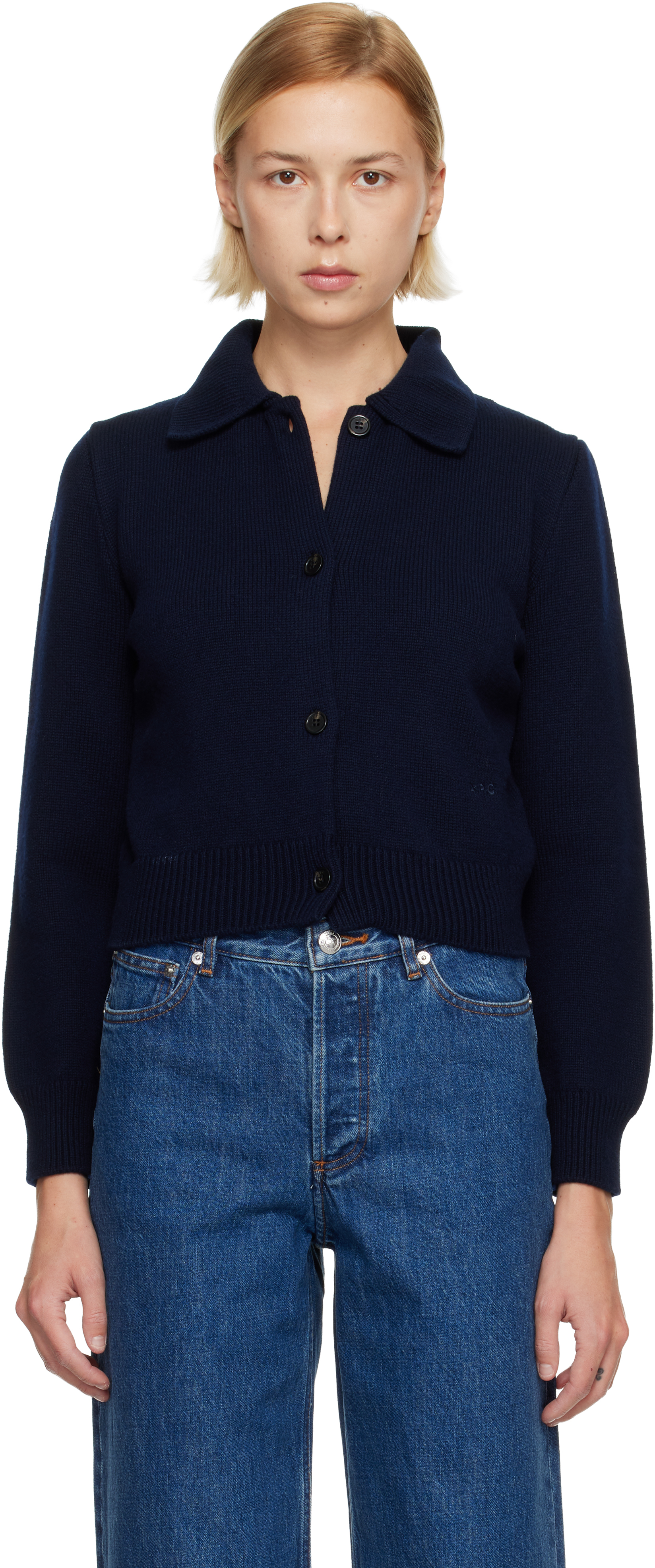 A.P.C.のネイビー Polo Shirt Collar ニットカーディガンがセール中