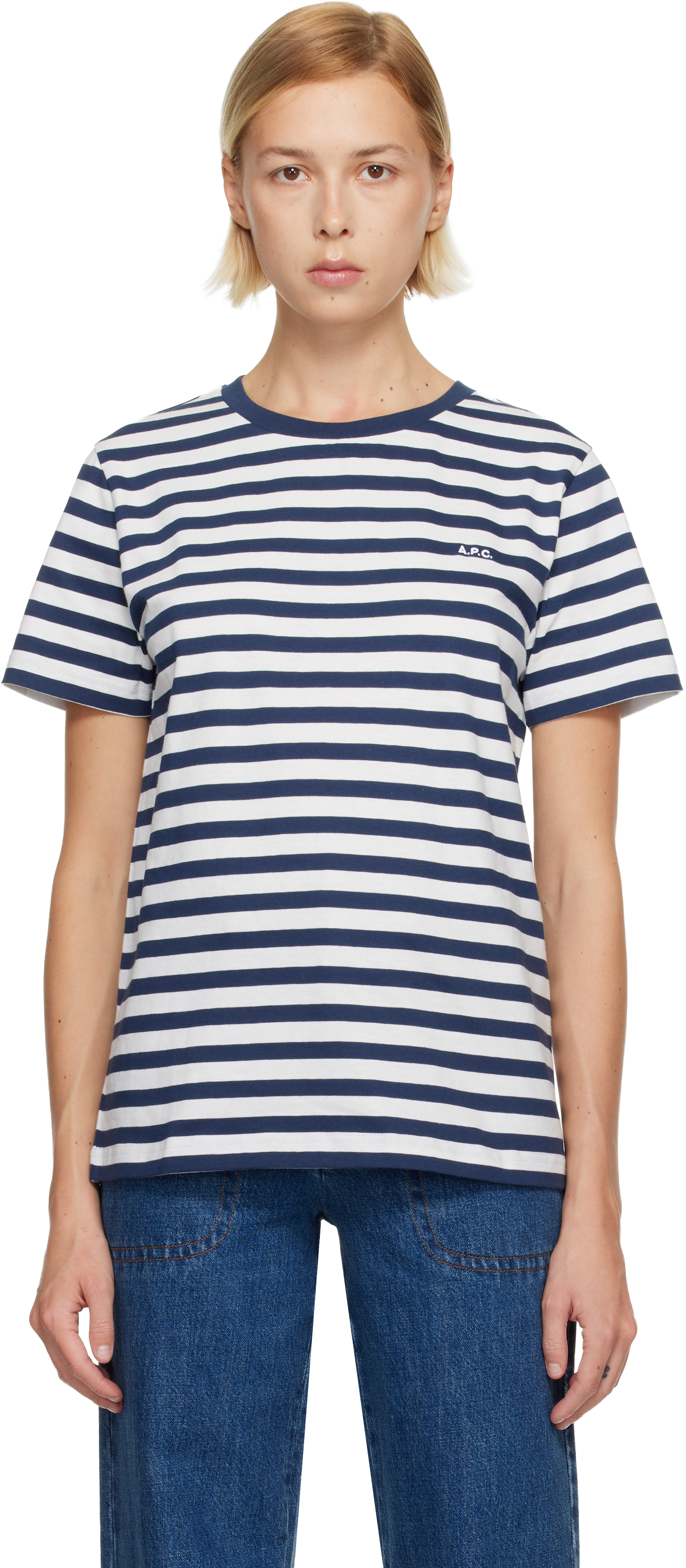 A.P.C.: White & Navy Standard 'A.P.C. Brodé' T-shirt | SSENSE