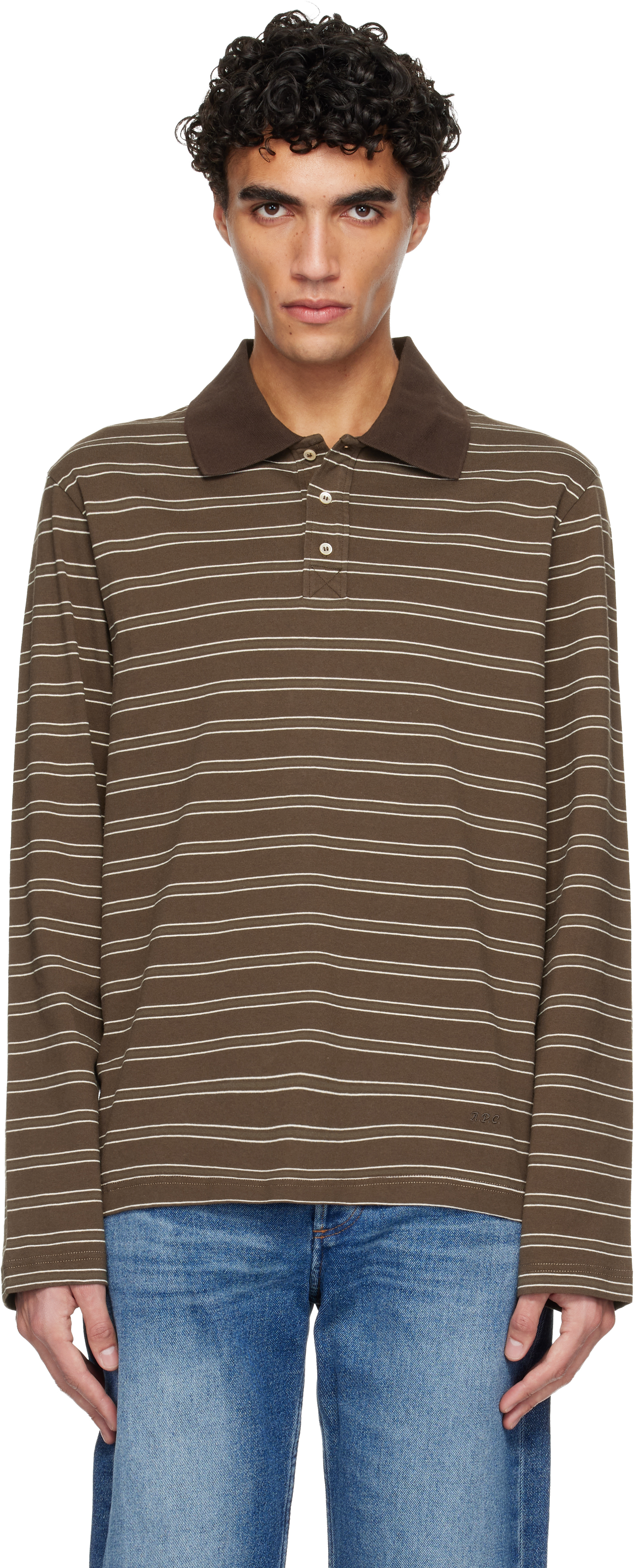 A.P.C.のブラウン ボーダー 長袖 ポロシャツがセール中