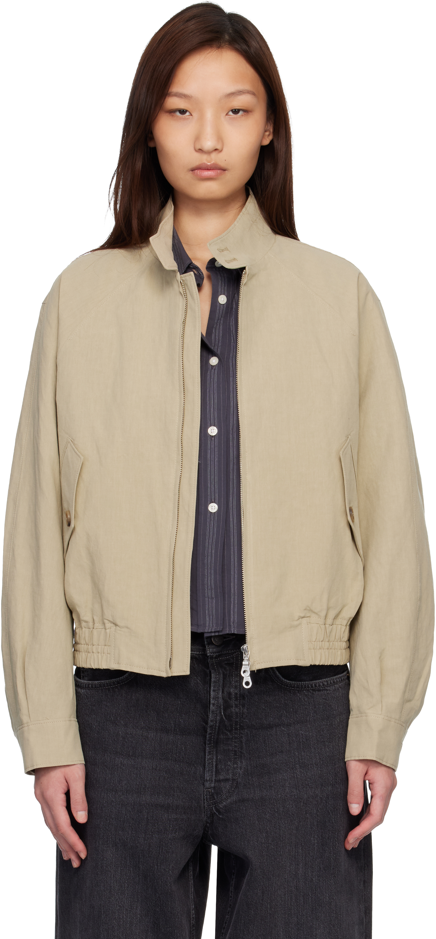 Beige Linen Blend Harrington Jacket by COOR on Sale