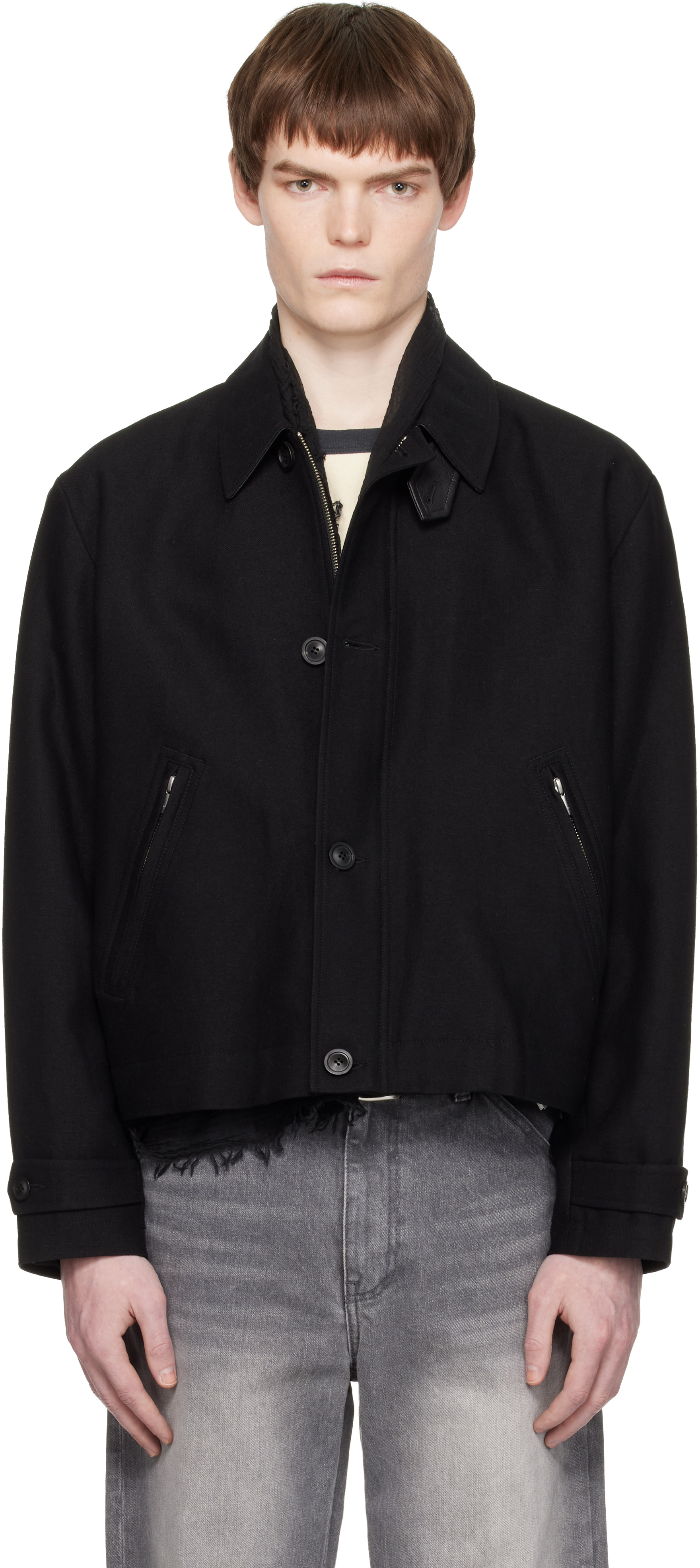 COOR Black Wool Linen Blend Leather Tab Jacket