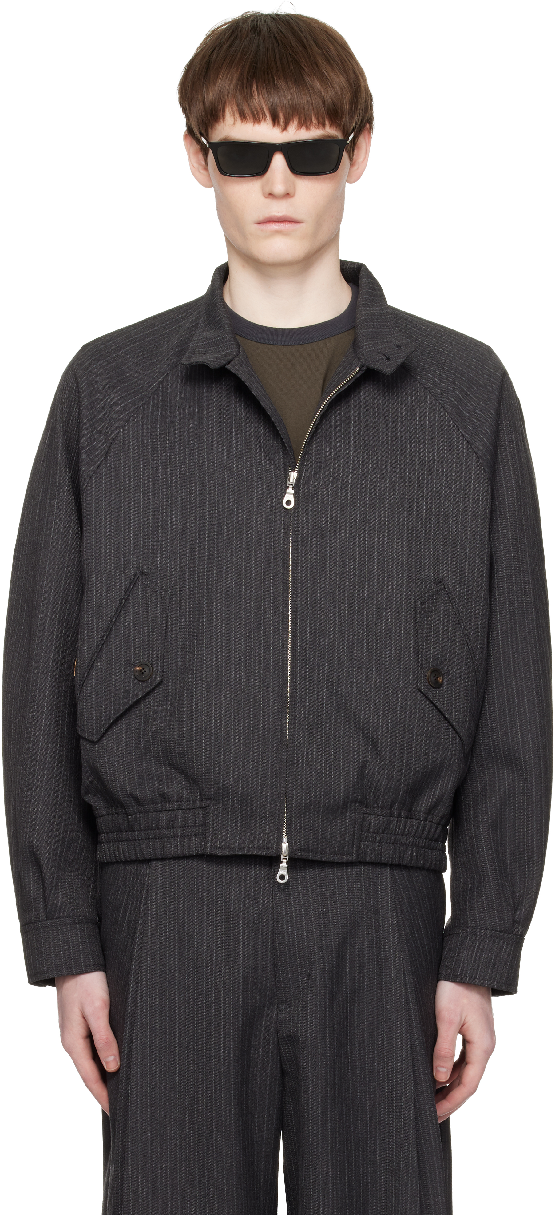 COOR Gray Striped Wool Blend Harrington Jacket