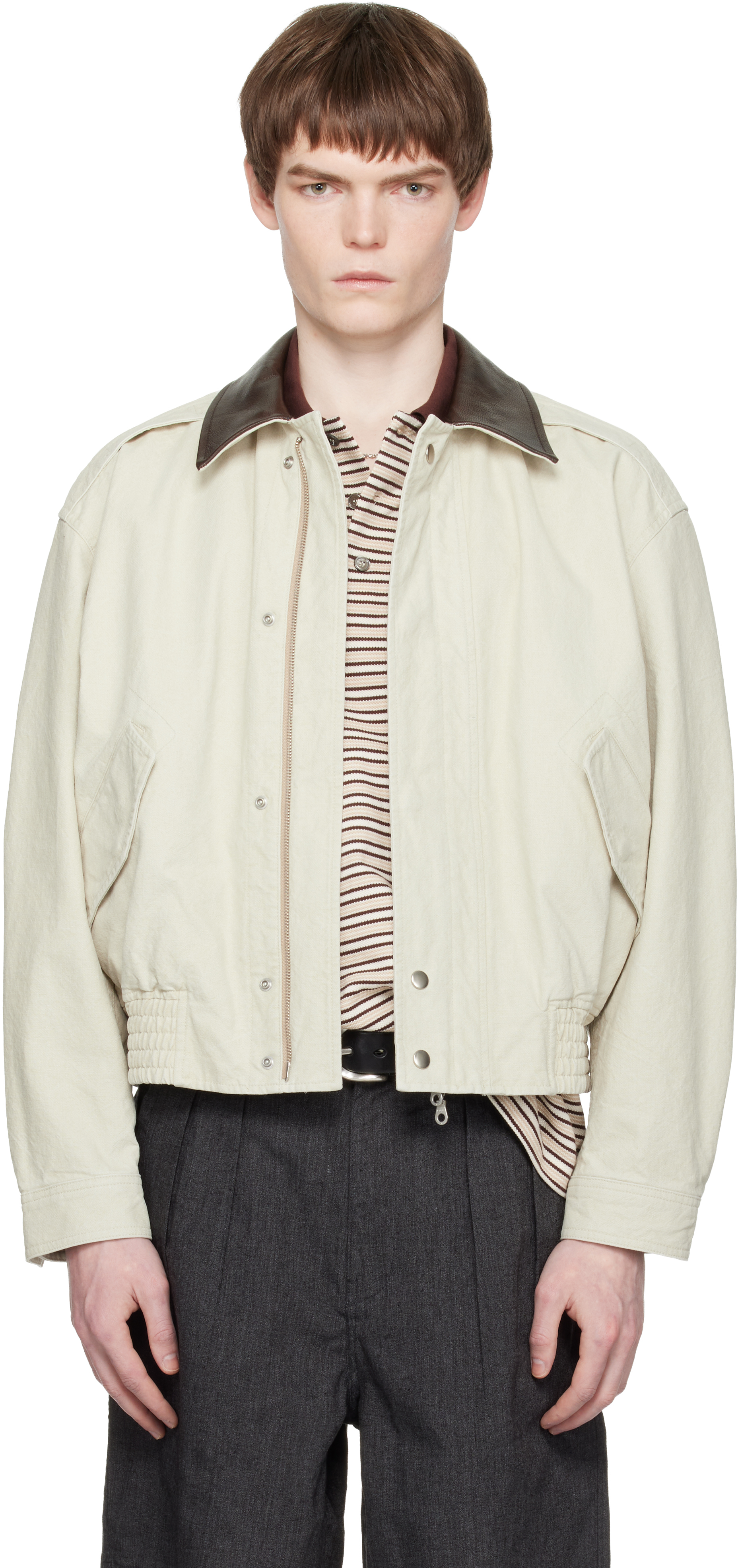 Off-White Leather Collar Washed Cationized Bomber Jacket by COOR