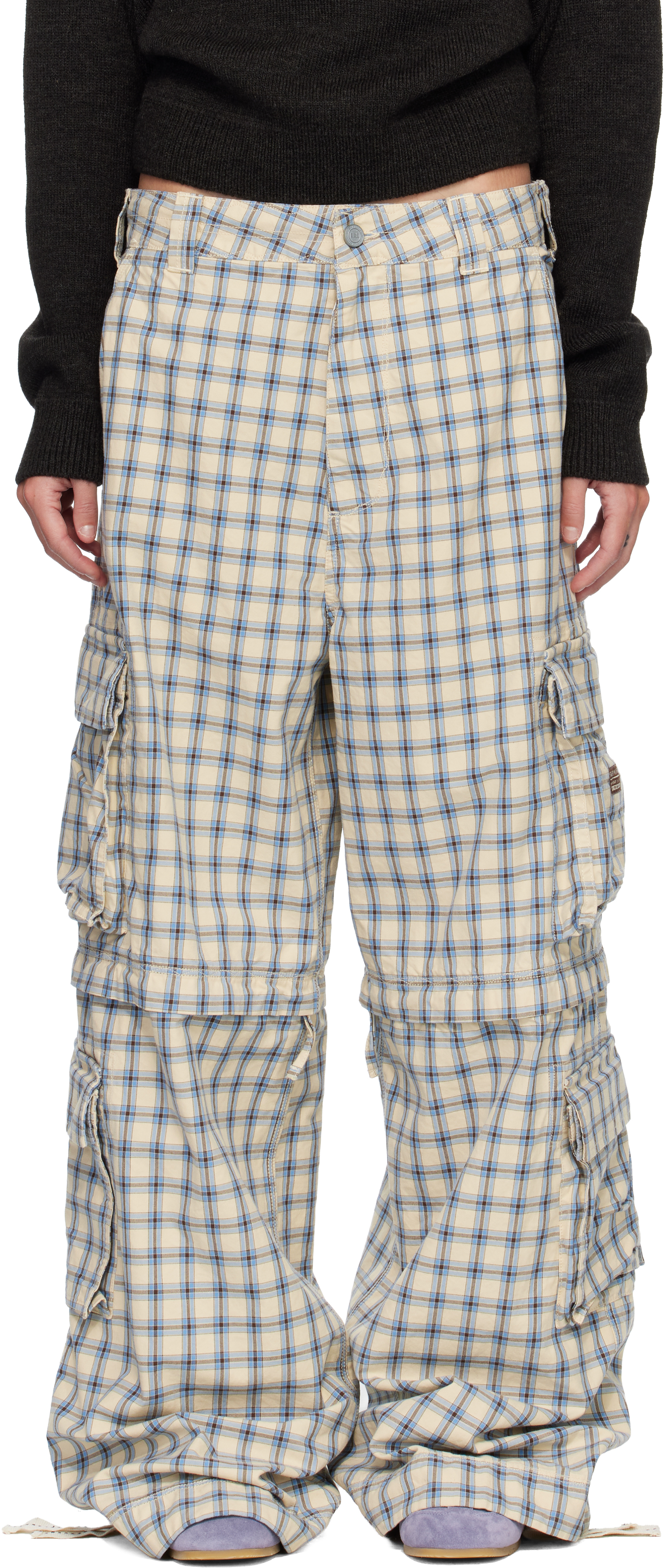 Erl Beige & Blue Zip-off Plaid Cargo Pants In Neutral