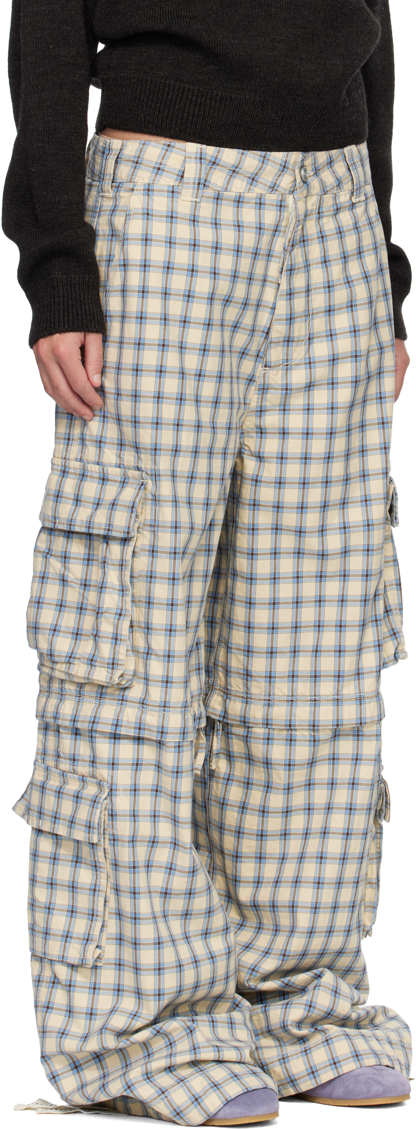 Erl Beige & Blue Zip-off Plaid Cargo Pants In Neutral