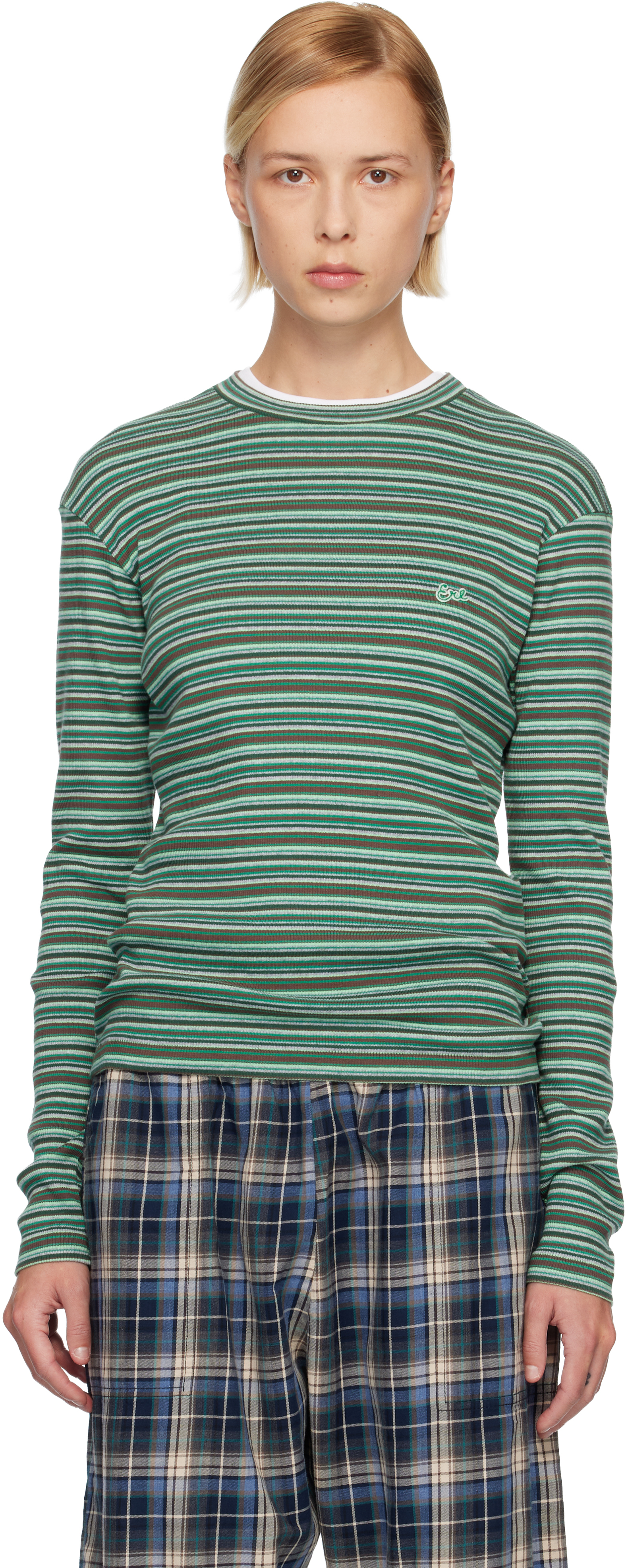 Erl Green Striped Long Sleeved T-shirt In Green