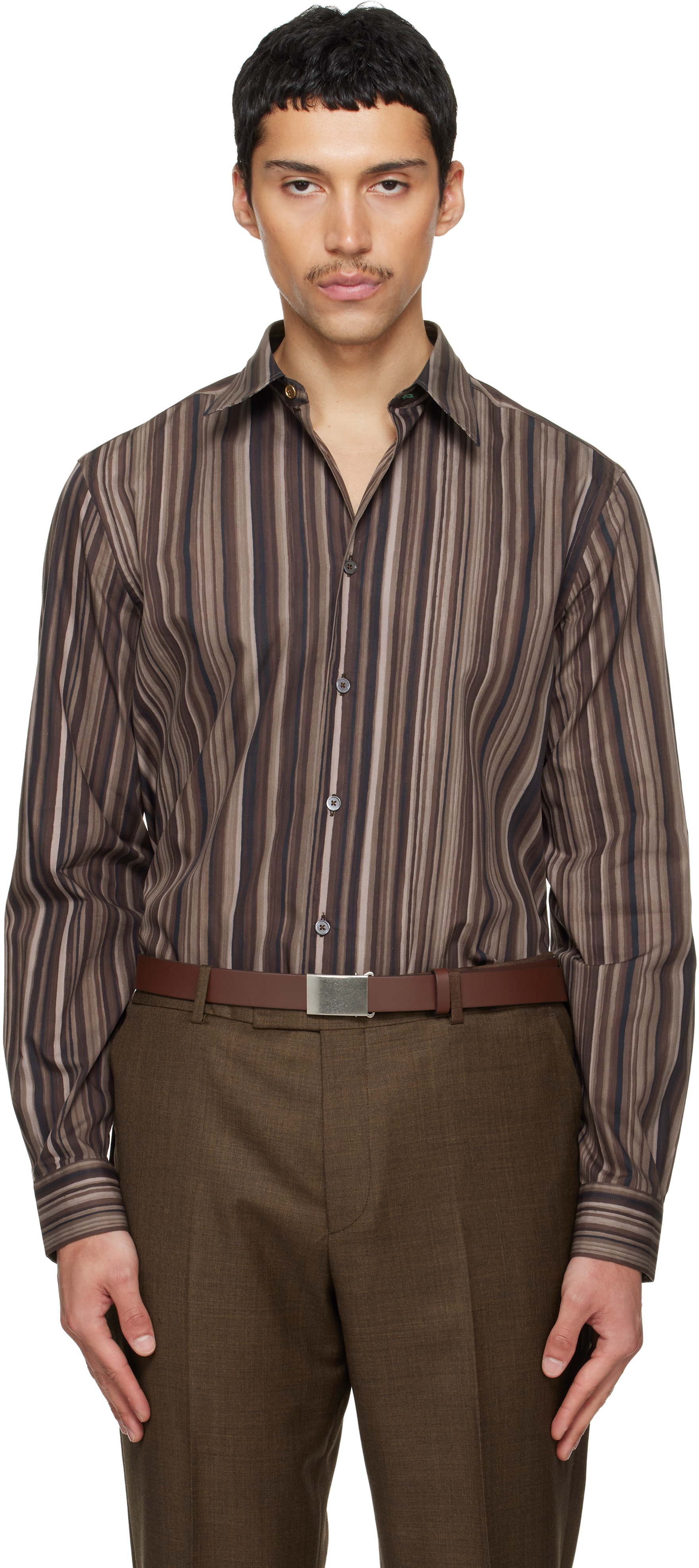 Paul Smith Brown 'Painted Signature Stripe' Print Cotton Shirt