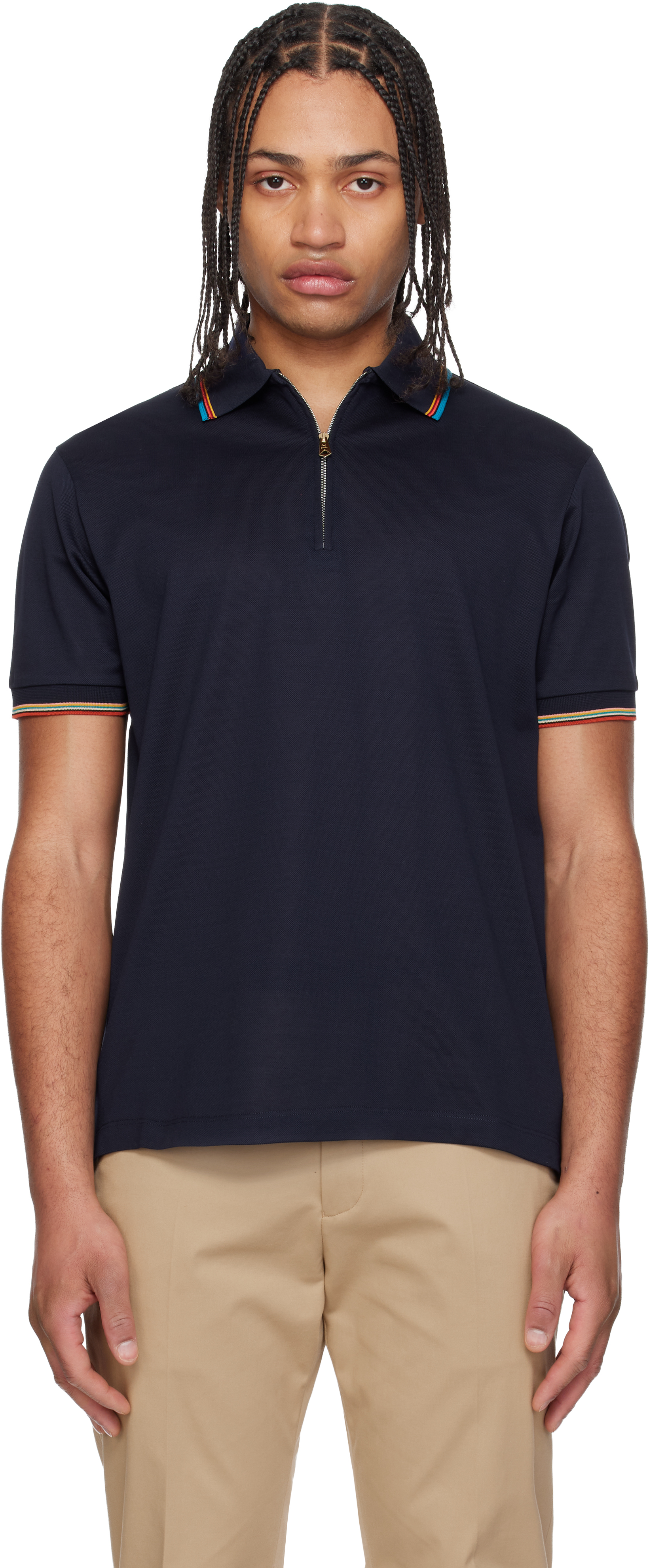 ストライプ ジッパーポロシャツ ネイビー Paul Smith: ネイビー Cotton 'Signature Stripe' Trim ジッパー