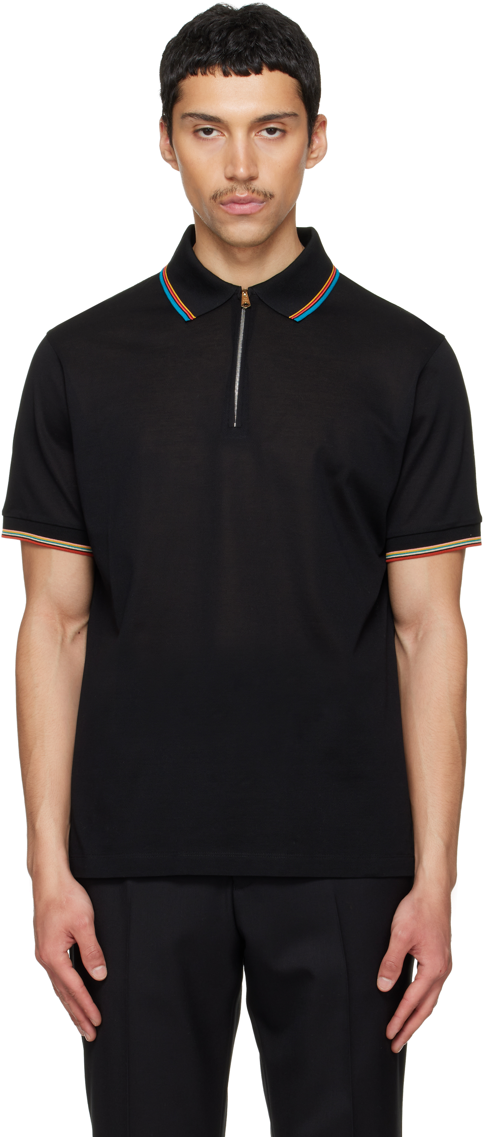 ストライプ ジッパーポロシャツ ネイビー Paul Smithのネイビー Cotton 'Signature Stripe' Trim ジップ