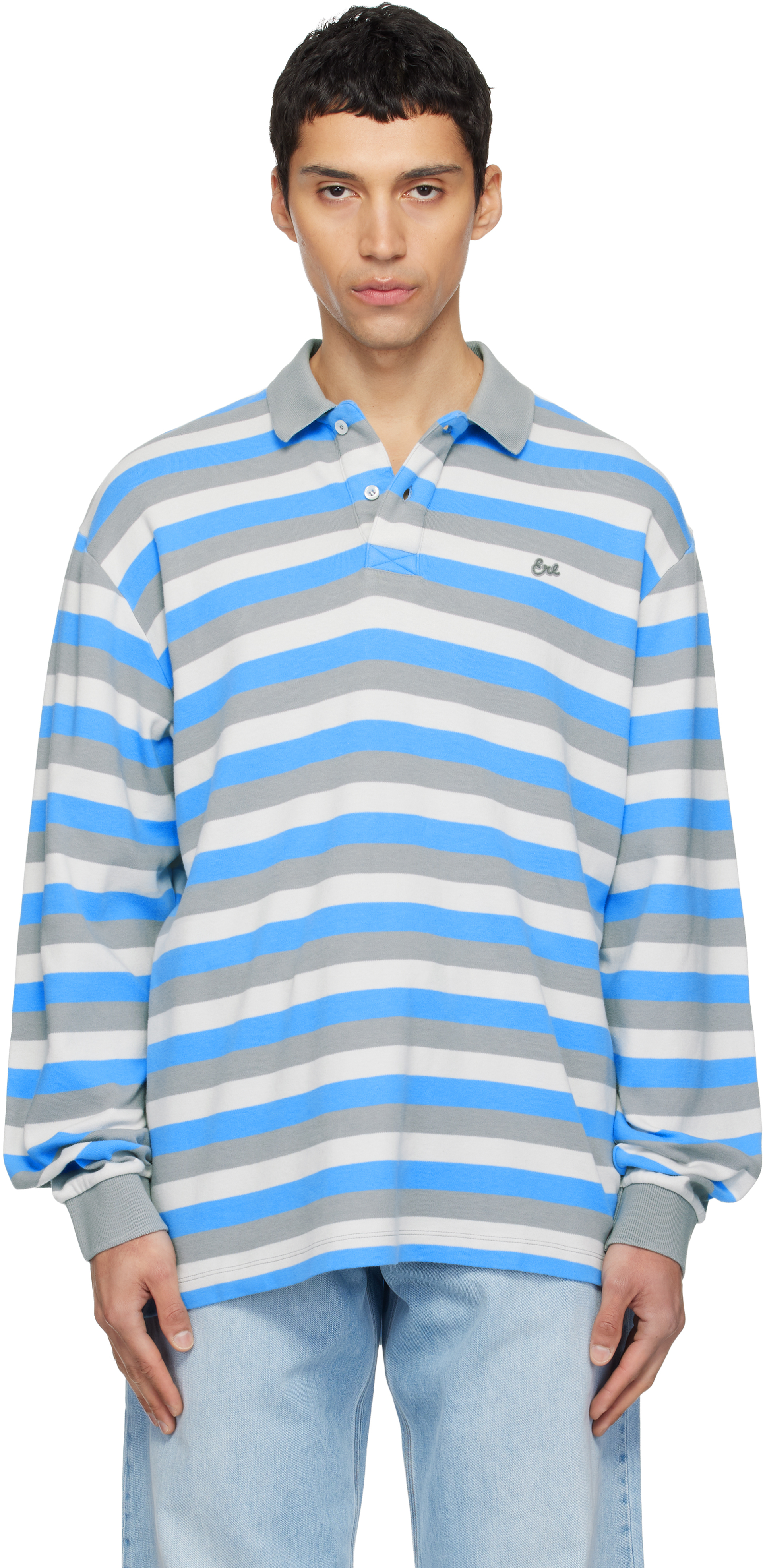 ERL Gray & Blue Striped Long Sleeve Polo