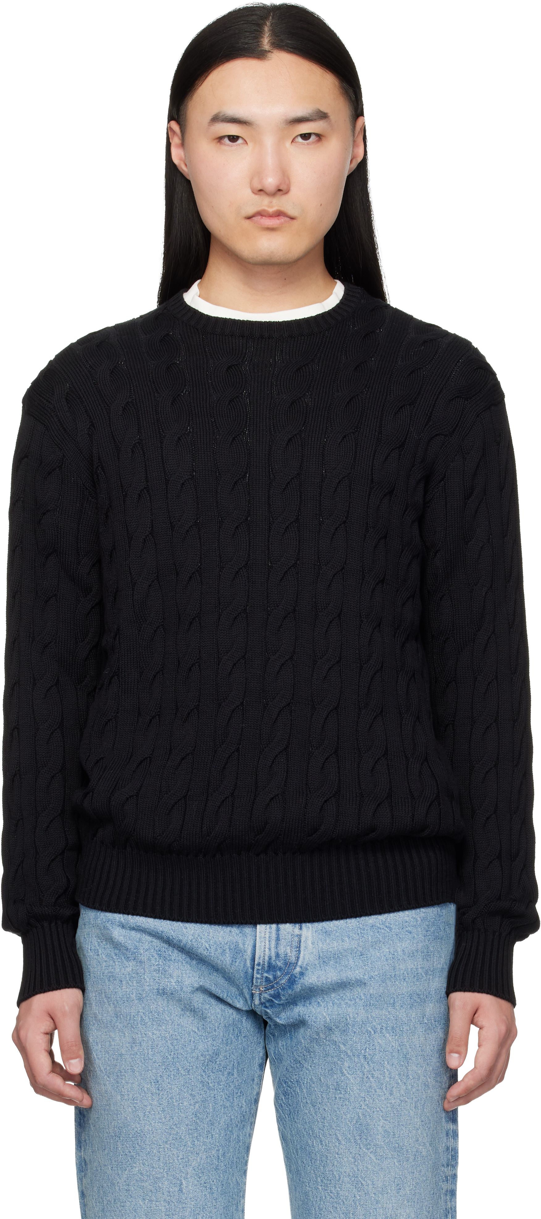Ralph Lauren Purple Labelのブラック コットンシルク ケーブル クルー 