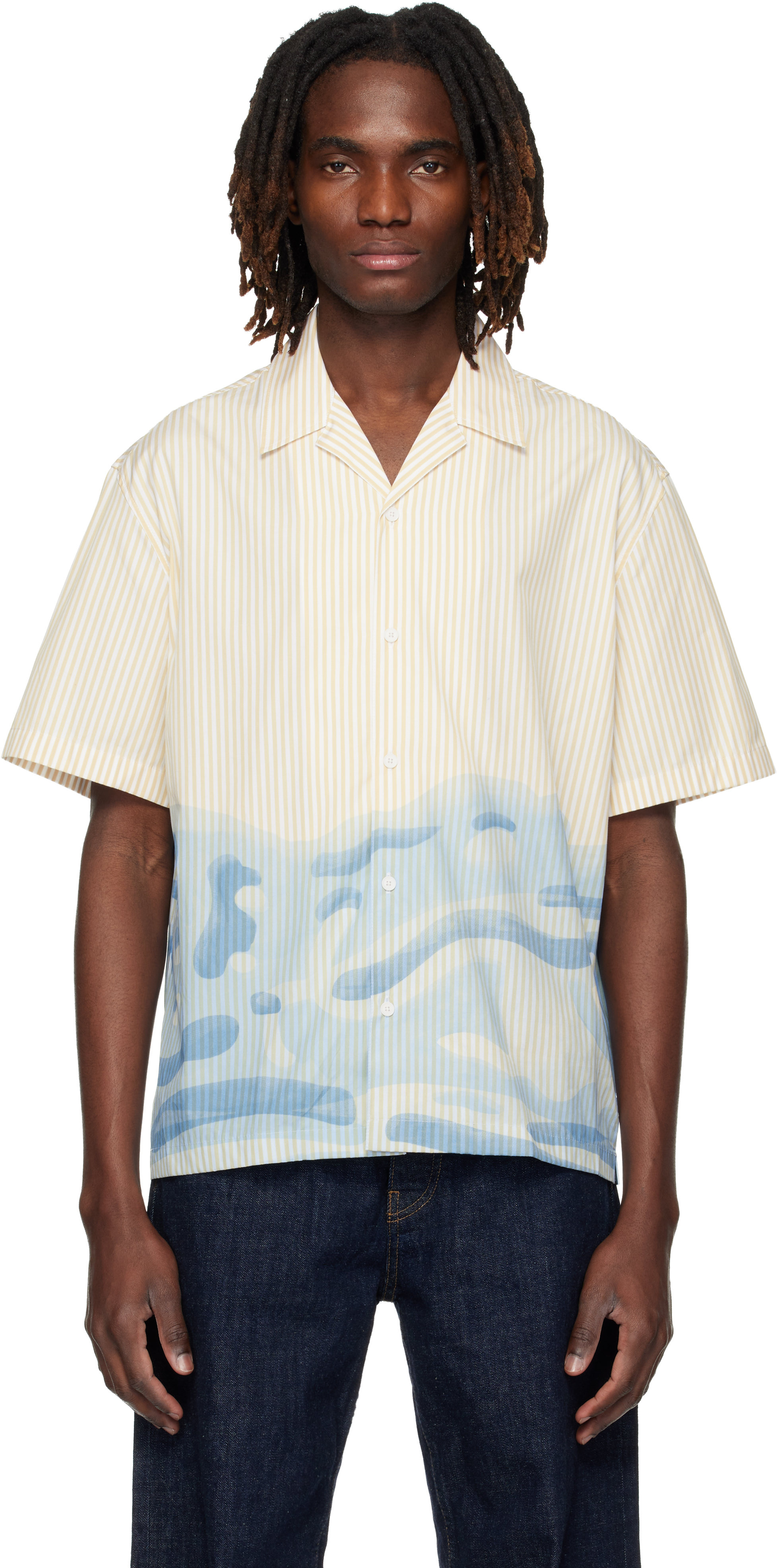 Lacoste: White & Blue Relaxed Fit Striped Lacoste Logo Shirt | SSENSE