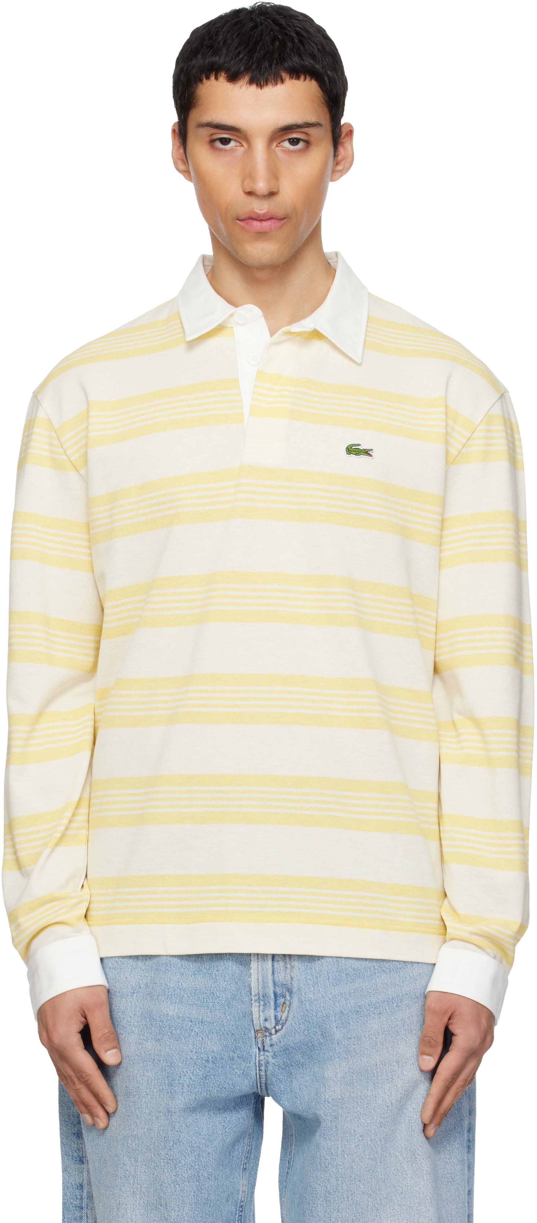 Lacosteのホワイト＆イエロー リラックスフィット ボーダー ピケ