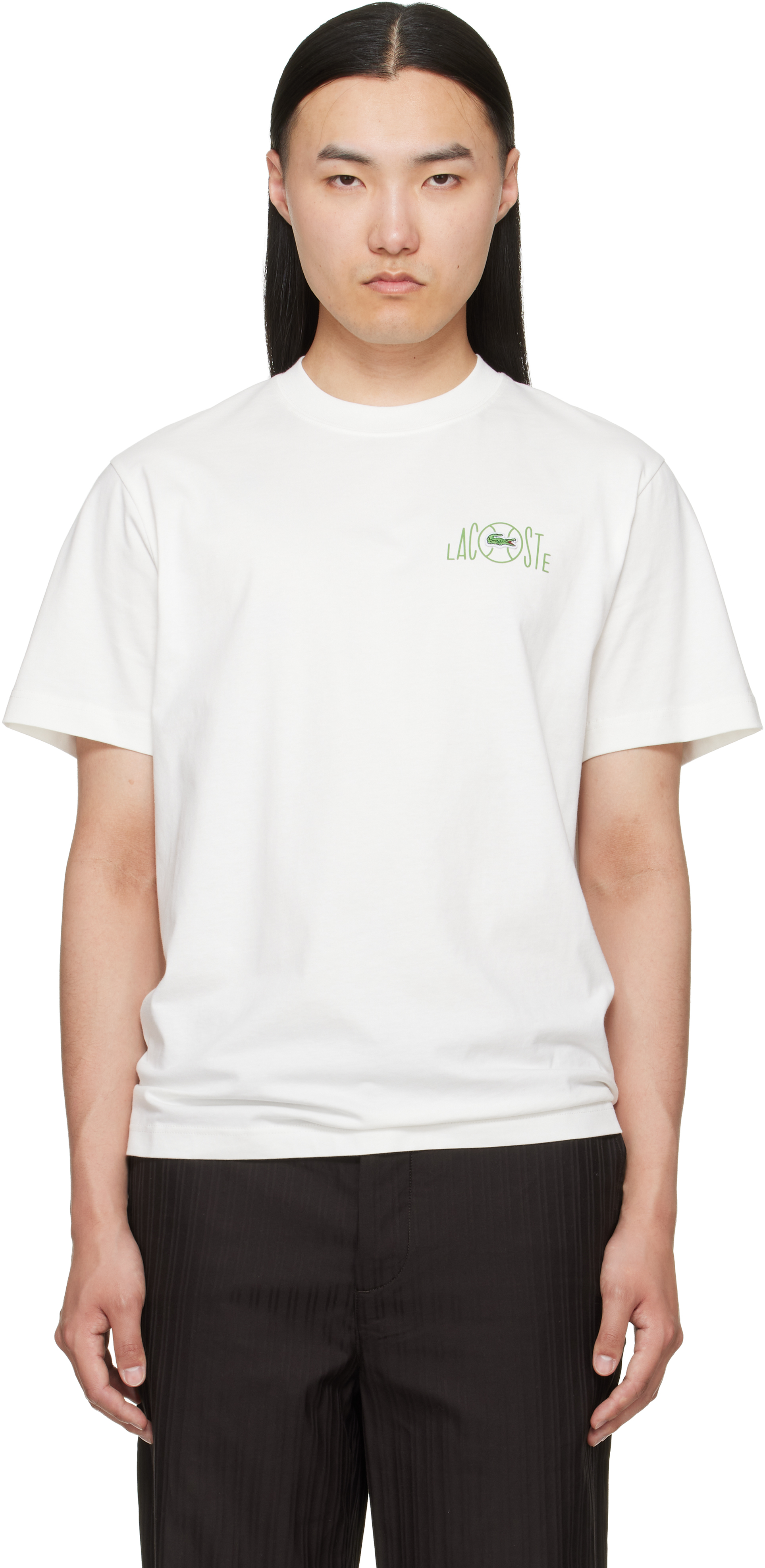 Lacosteのオフホワイト コットン プリントTシャツがセール中