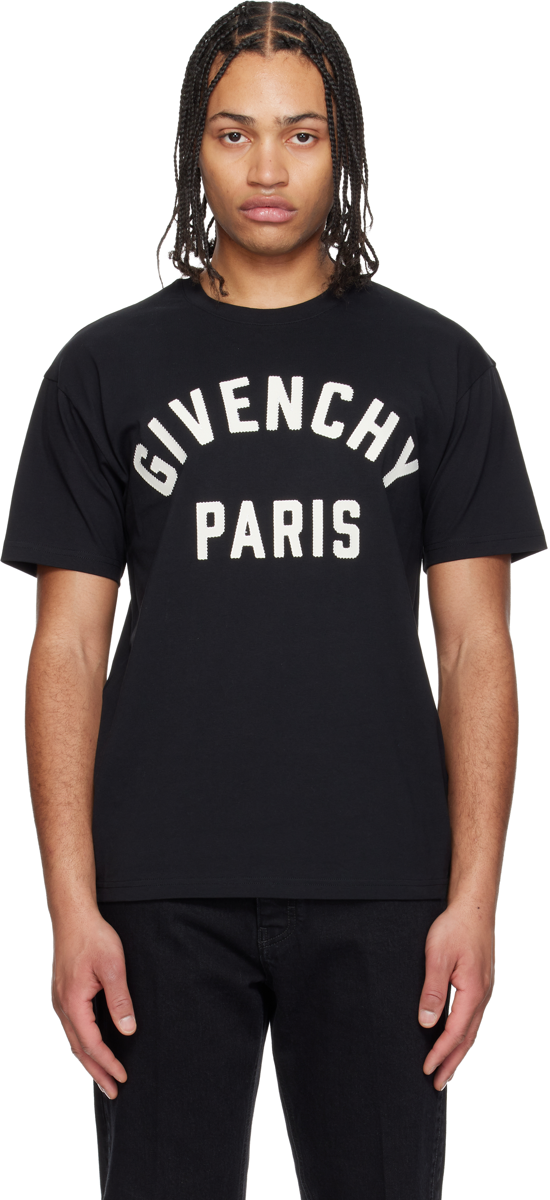Givenchy: Black Cotton 'GIVENCHY Paris' Embroidery T-shirt | SSENSE