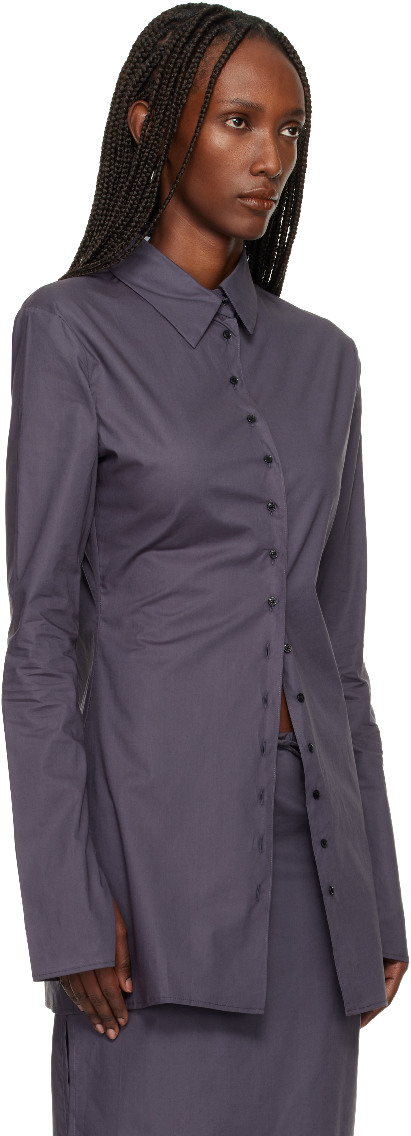 Bambou Roger Kwong Gray Cotton Poplin Fitted Cuffless Shirt In Gray