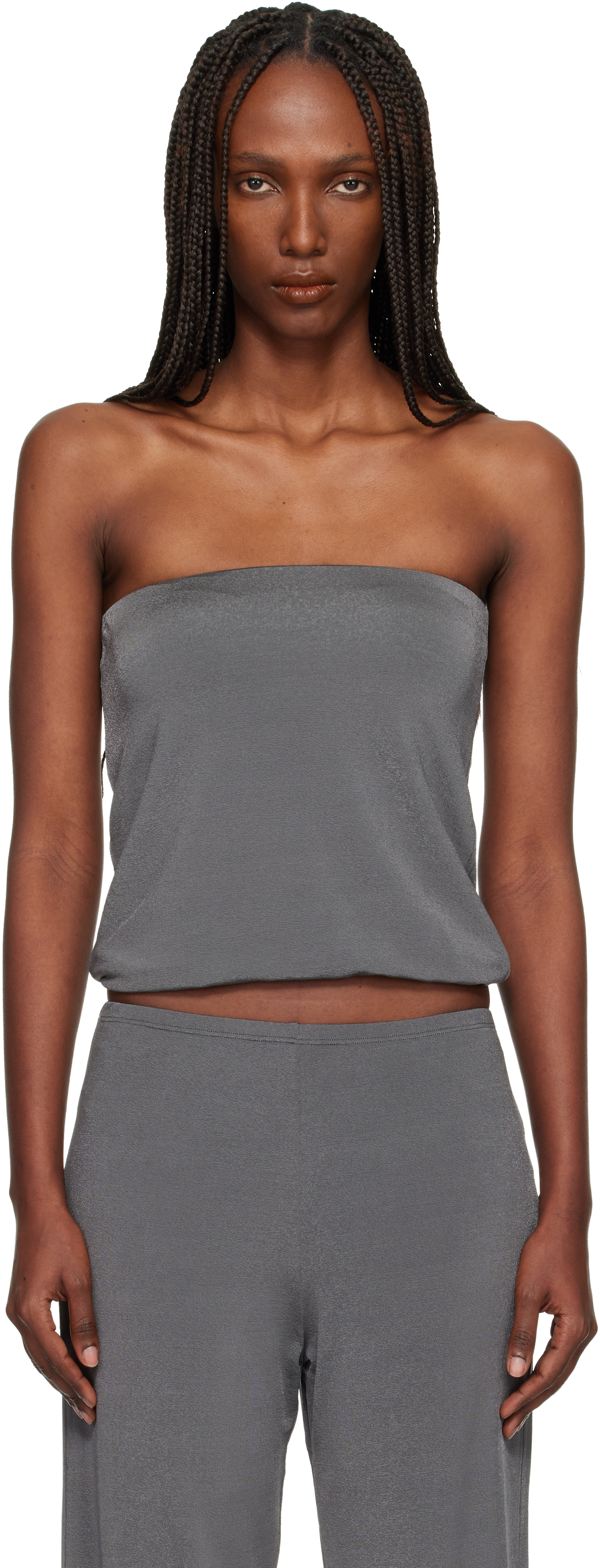 Gray Shiny Crêpe Jersey Bustier Top by BAMBOU ROGER KWONG on Sale