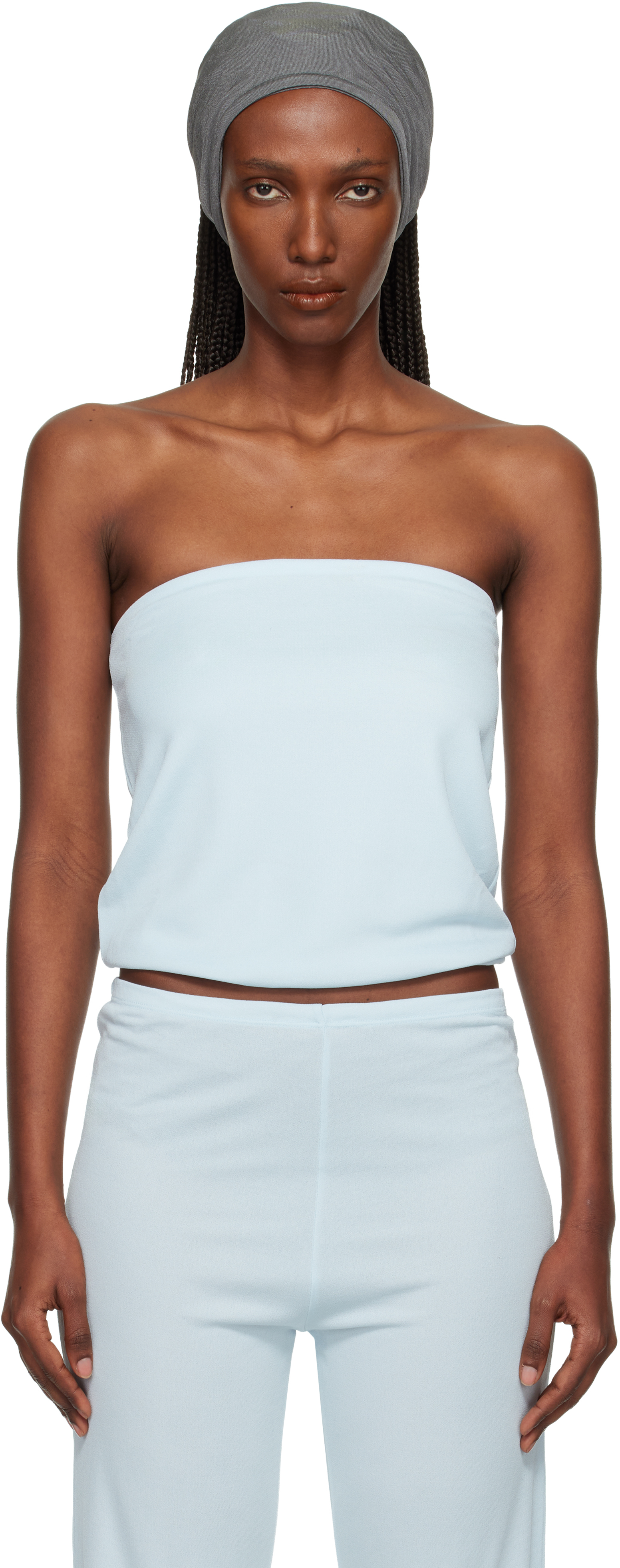 Bambou Roger Kwong Blue Shiny Crêpe Jersey Bustier Top In Blue