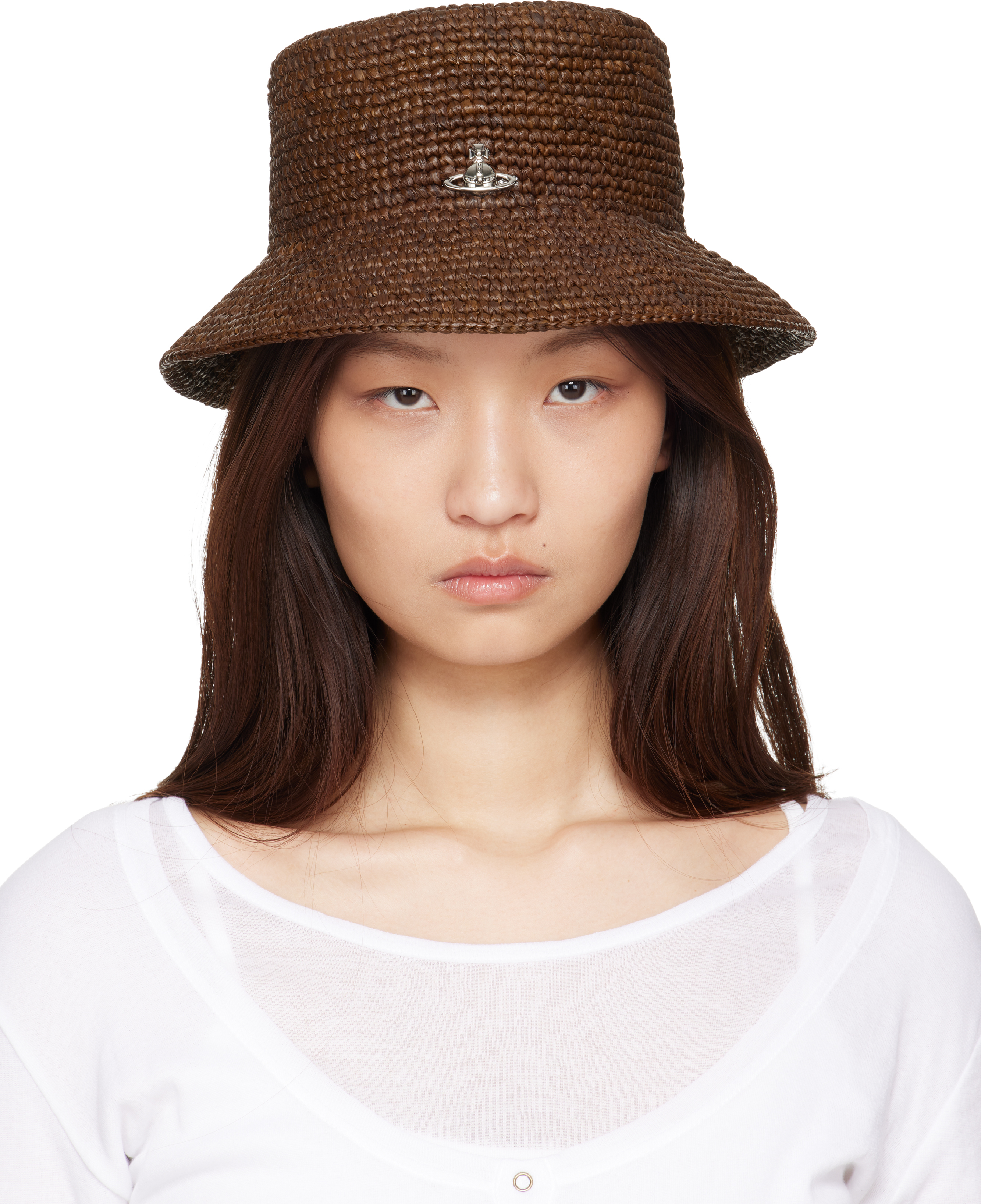 Brown Raffia Bucket Hat by Vivienne Westwood on Sale