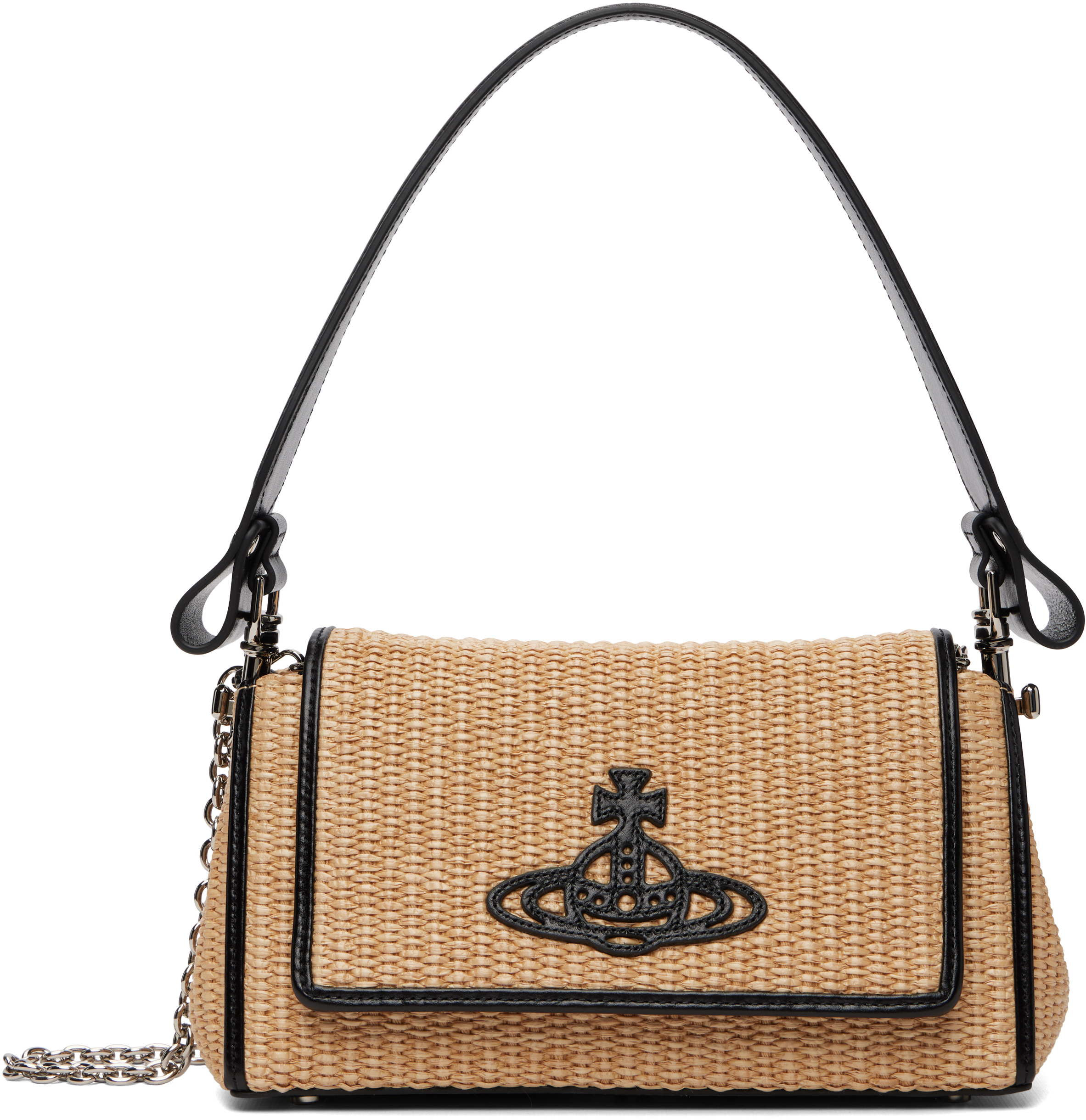 Vivienne Westwood: Beige Raffia-Effect Hazel Medium Hand Bag