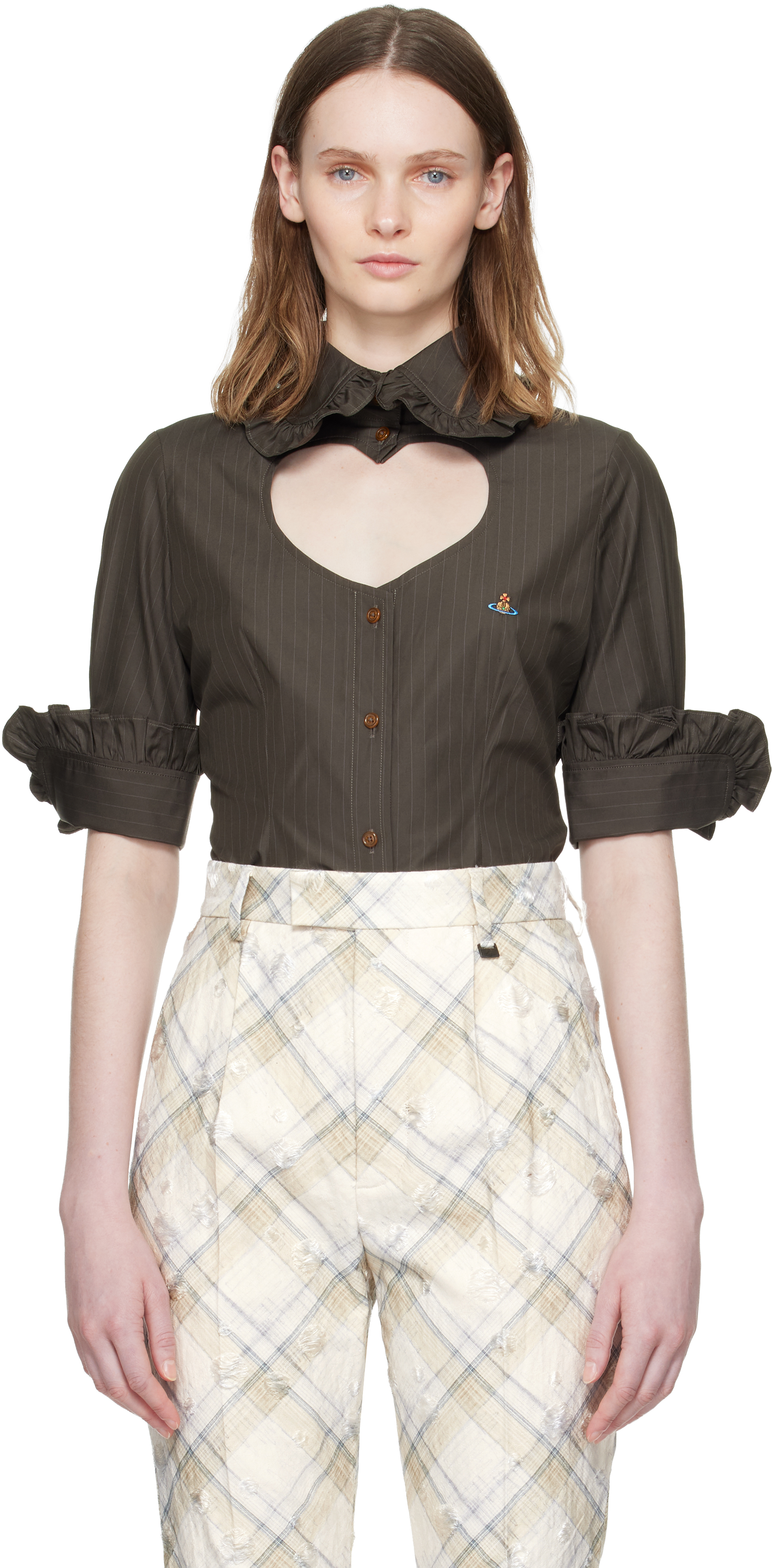 Vivienne Westwood Brown Pinstripe Shirting S/S Toulouse Frill Shirt