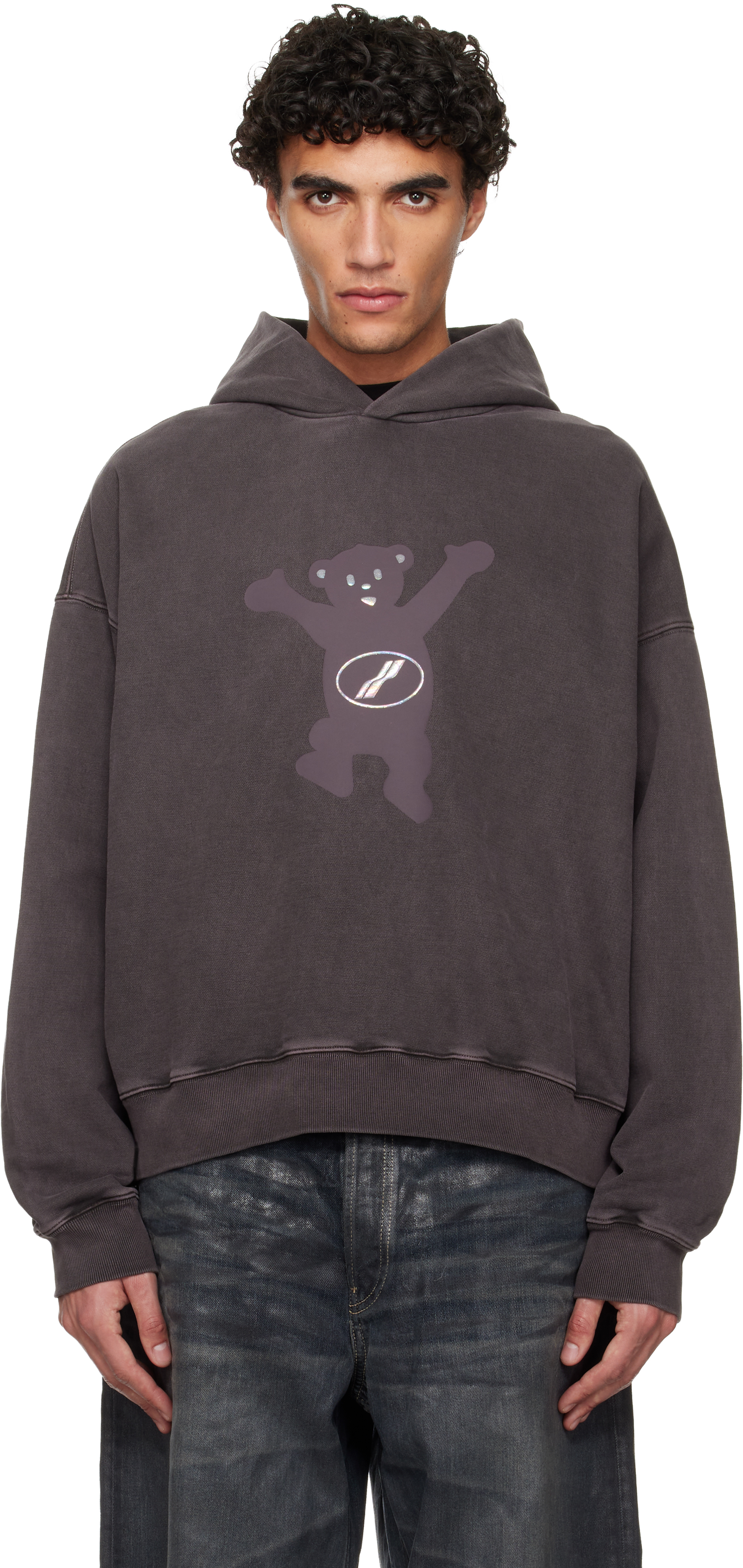 We11done Gray Pigment New Teddy Logo Hoodie