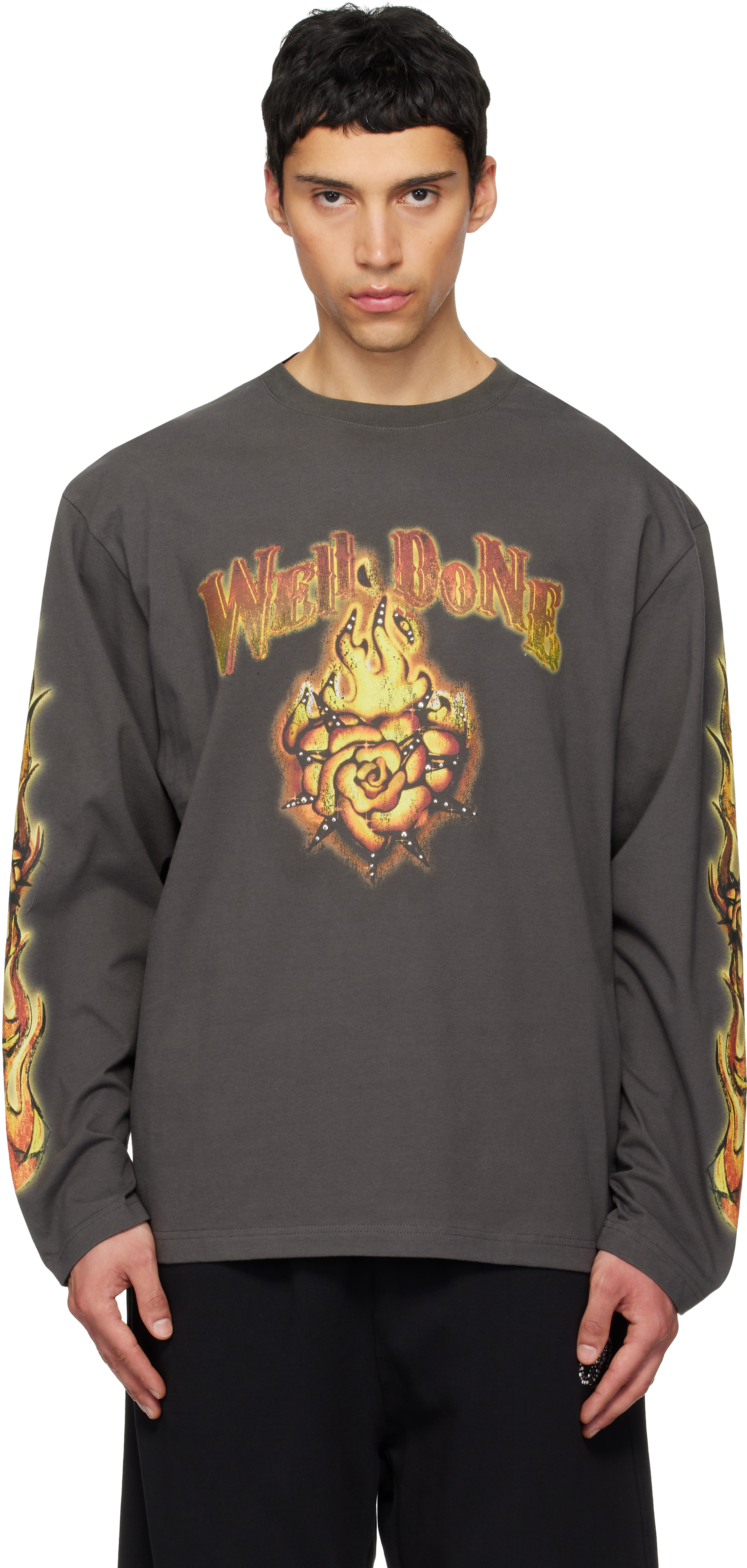 We11done: Gray Fire Long-Sleeved T-shirt | SSENSE