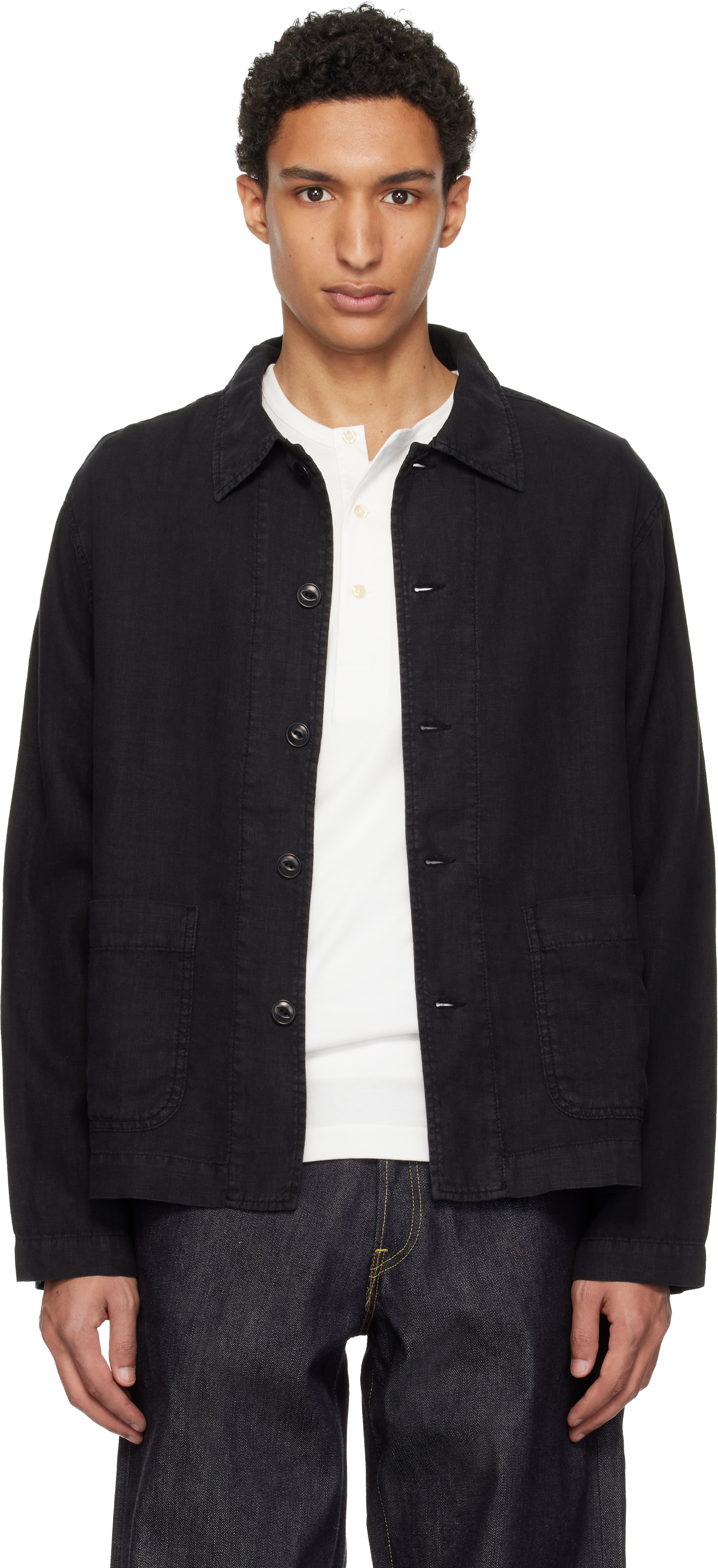 Merz b. Schwanen: Black Cropped Worker's Linen Jacket | SSENSE