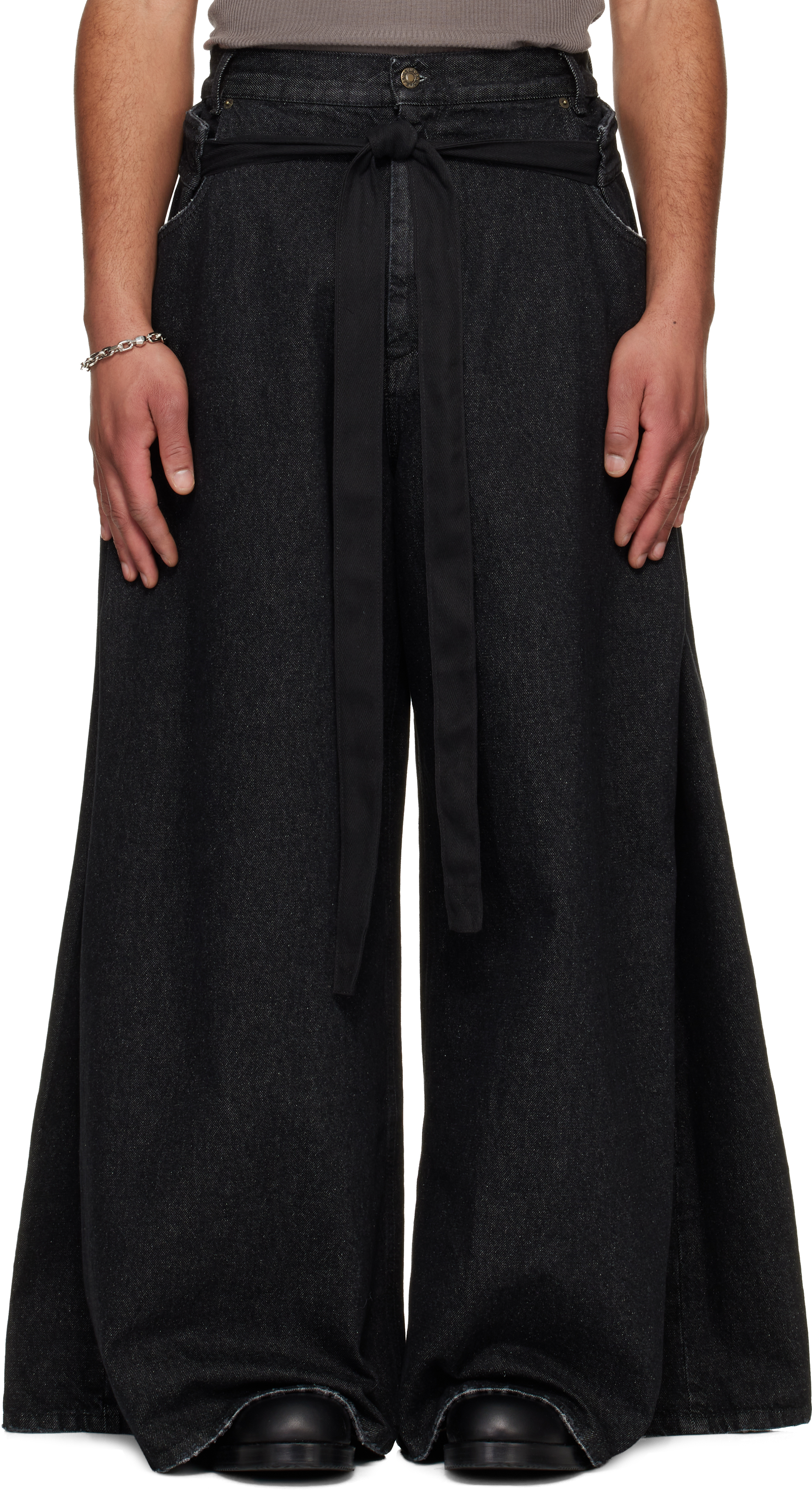 LU'U DAN Black 'Year of the Horse' Tie Maxi Jeans