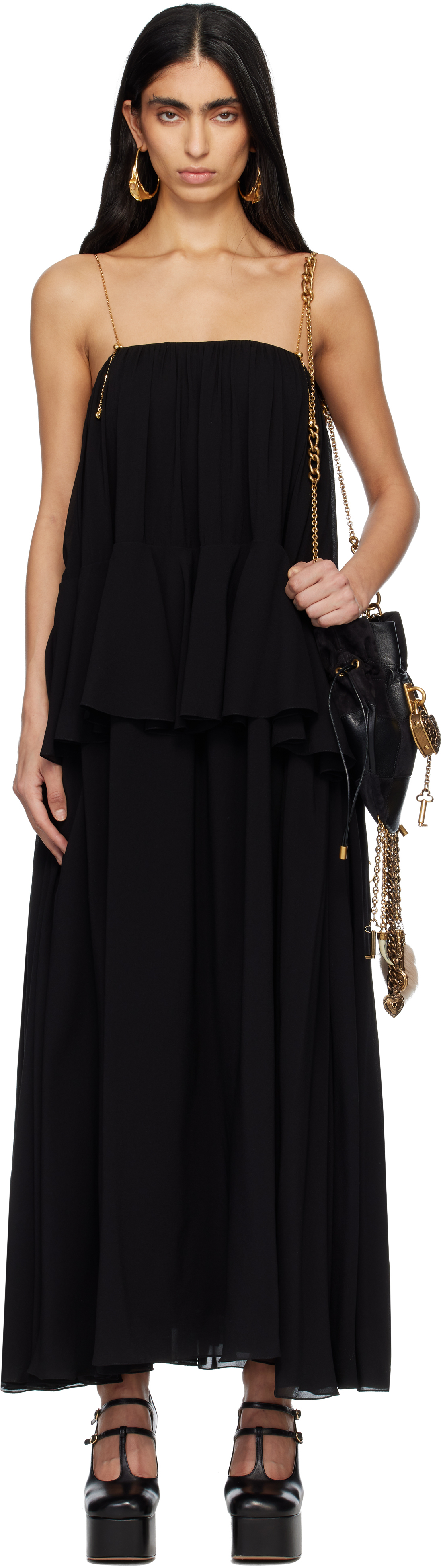 knee length dresses for ladies Women Solid Black V-Neck Sleeveless Georgette Thigh-High Slit Flared Maxi  Dress