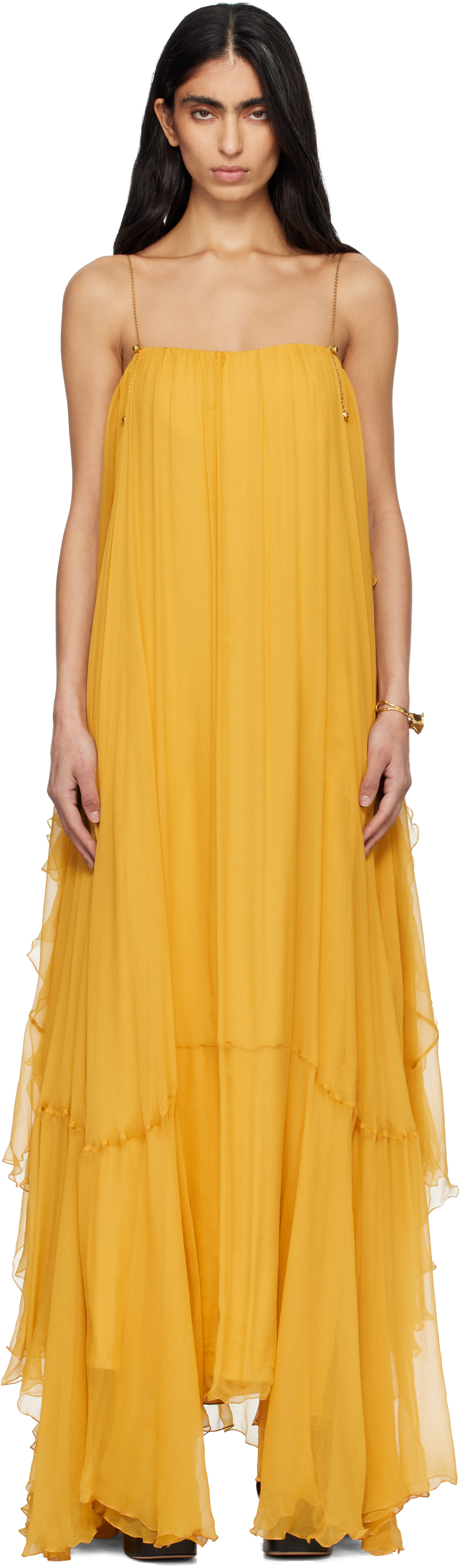 Chlo: Yellow Sleeveless Silk Mousseline Maxi Dress | SSENSE
