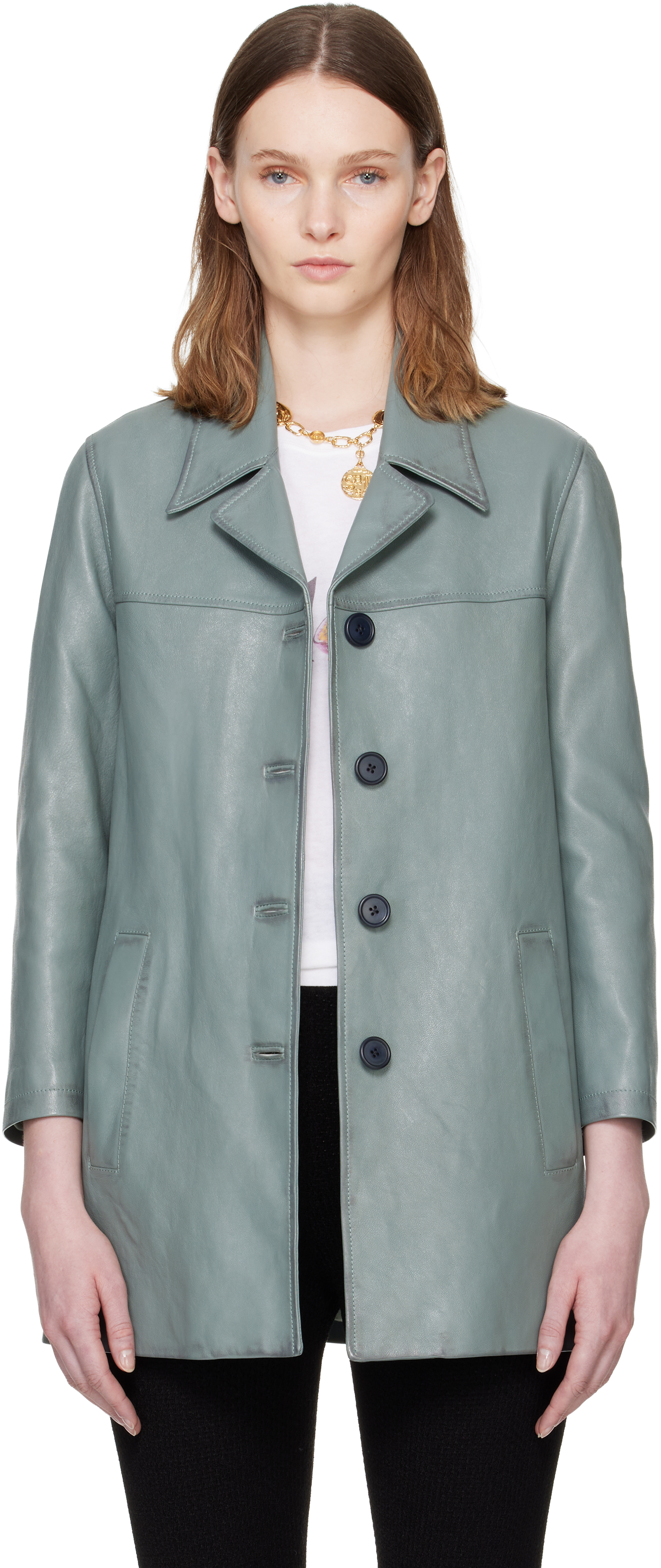 Chloé: ブルー Single-Breasted Long レザージャケット | SSENSE 日本