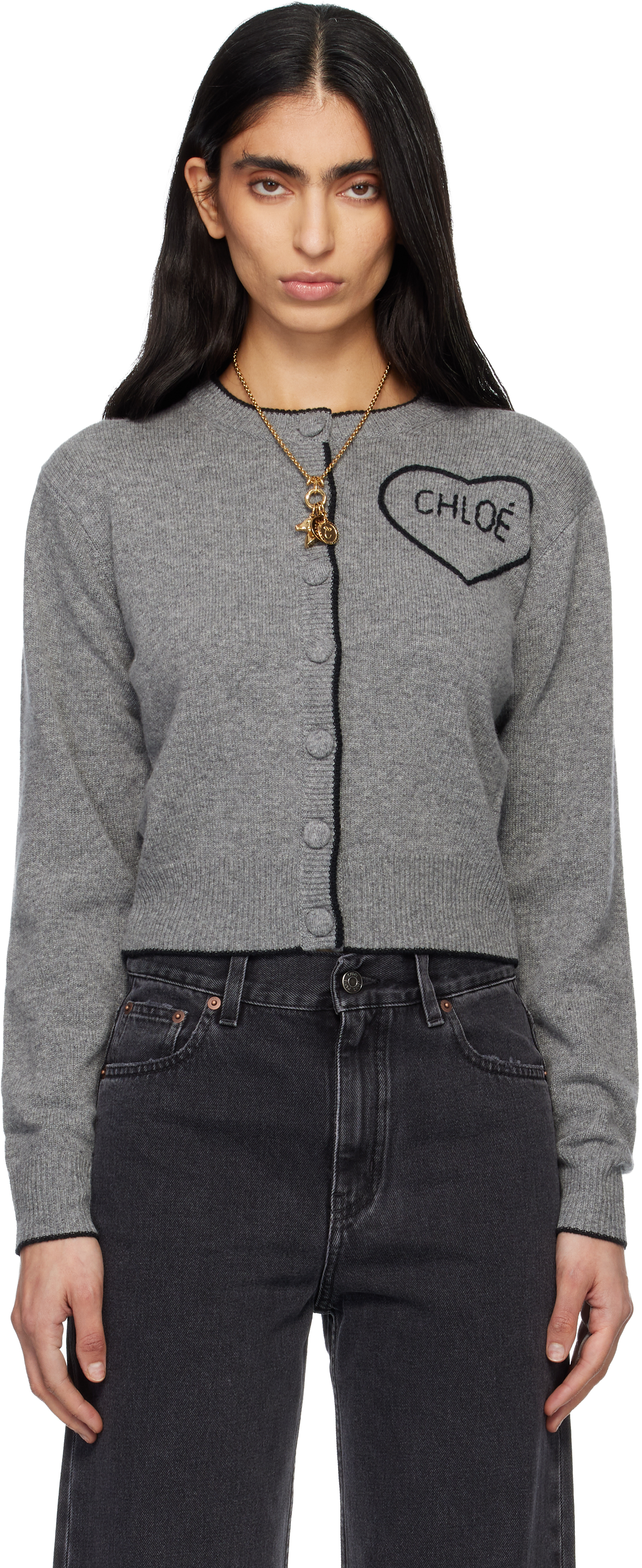 Chloé クロエ フリル カーディガン XS グレー メリノウール カシミヤ Chloé: グレー フィット ロゴ カーディガン | SSENSE 日本