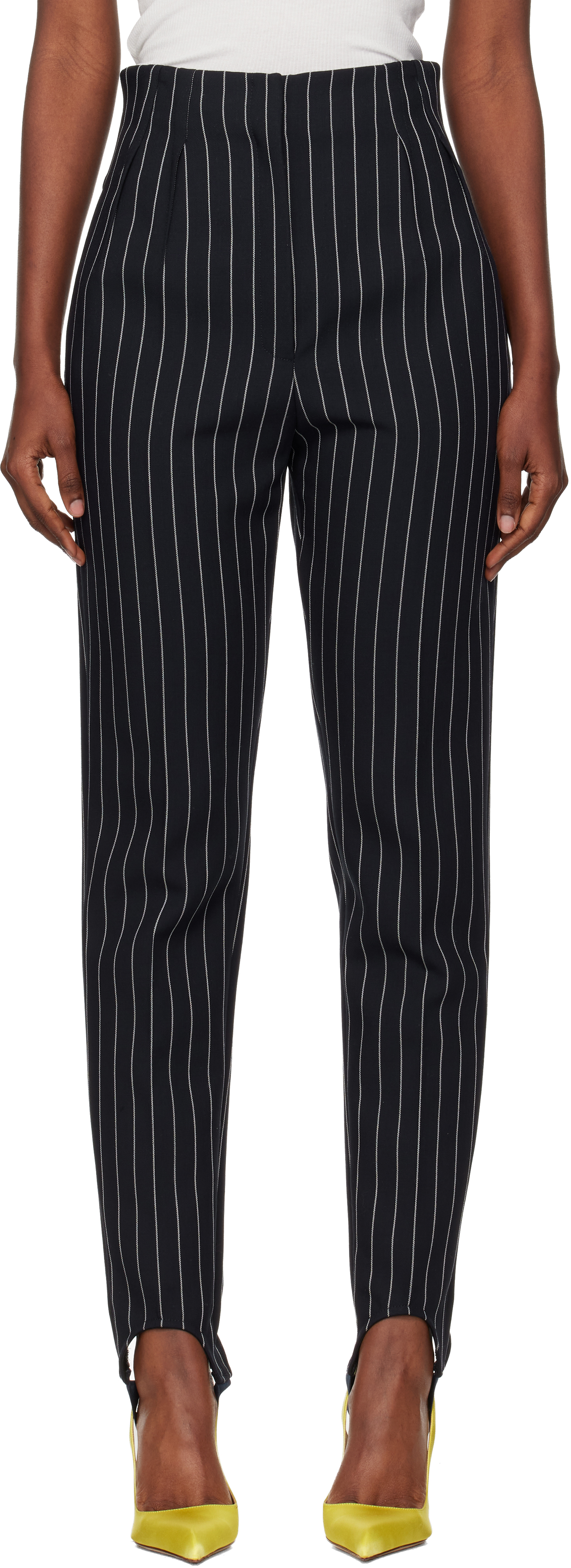 pinstripe cigarette pants Mugler: Navy Pinstripe Cigarette Stirrup Trousers