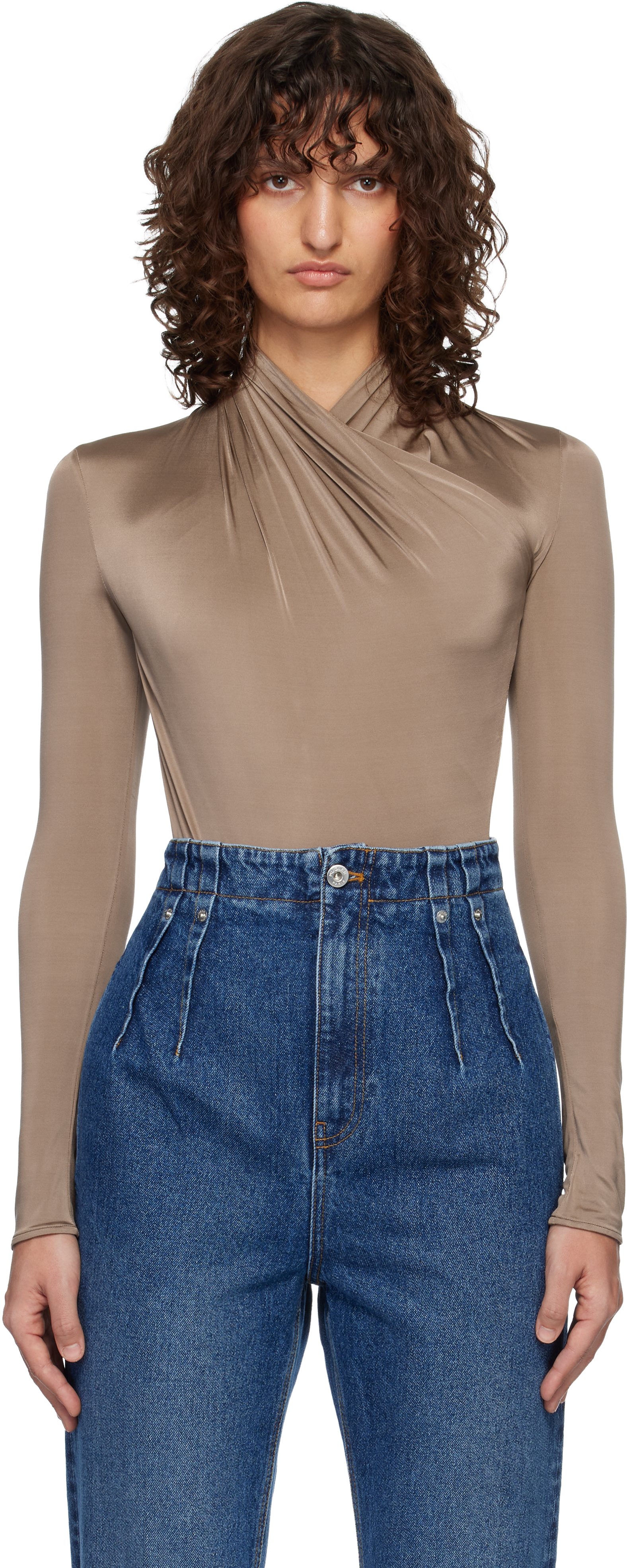 Mugler Brown Scarf Bodysuit