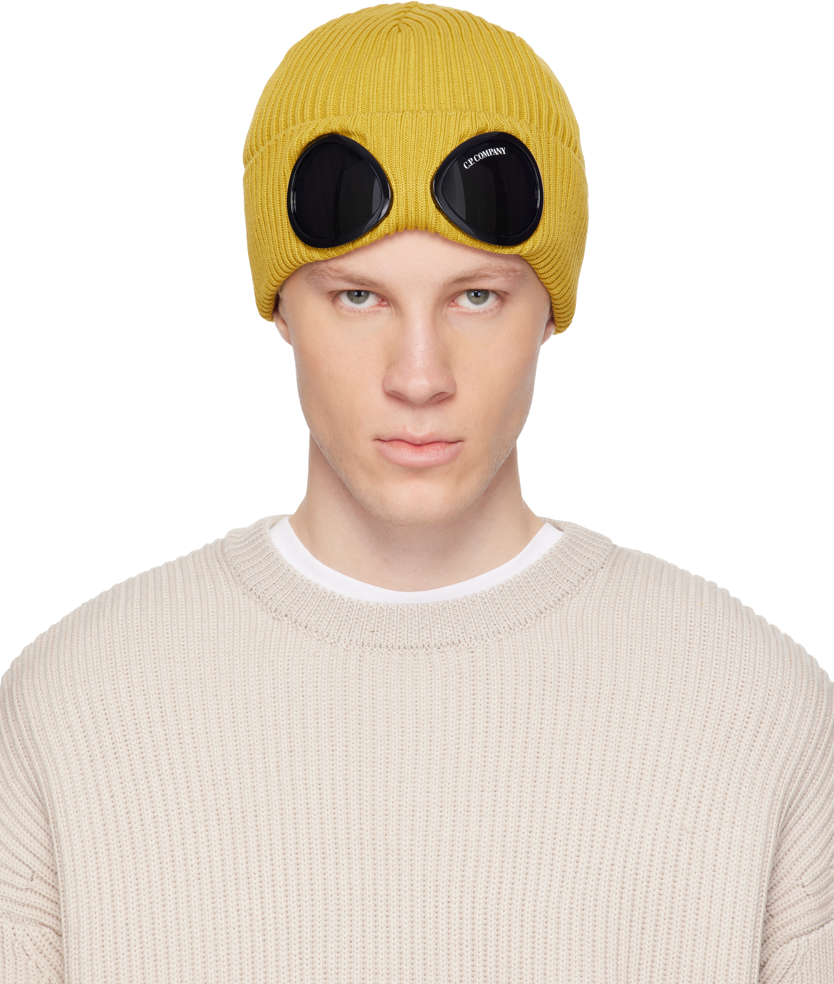 Yellow Cotton Goggle Beanie by C.P. Company on Sale